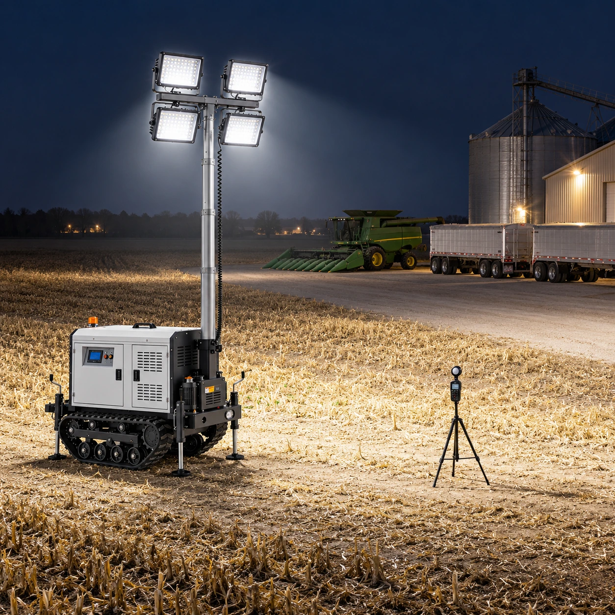 Nighttime setup and illuminated-ground verification for agricultural harvest lighting.