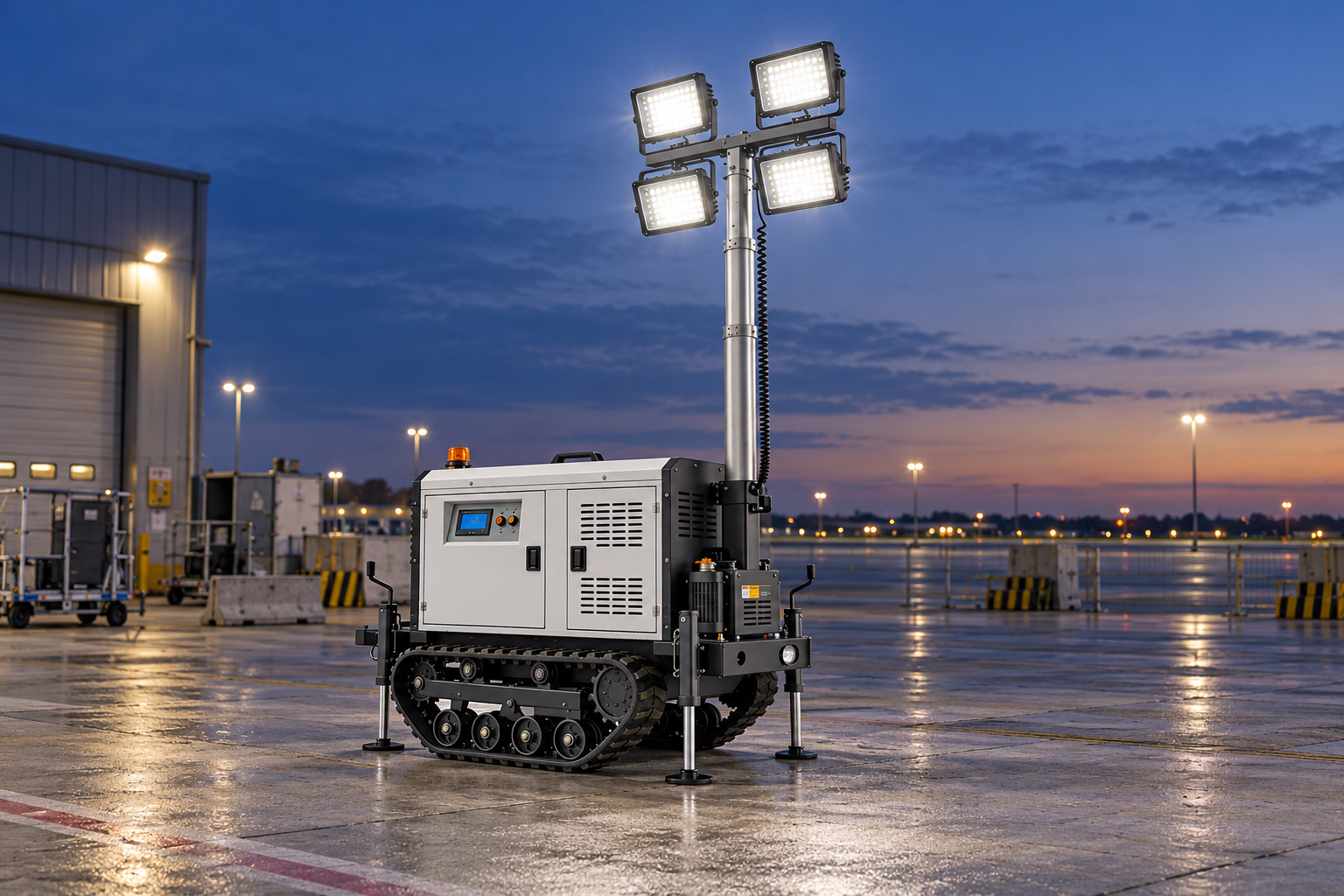 White tracked mobile tower with four rectangular LED heads in an airport apron maintenance support compound at blue hour.