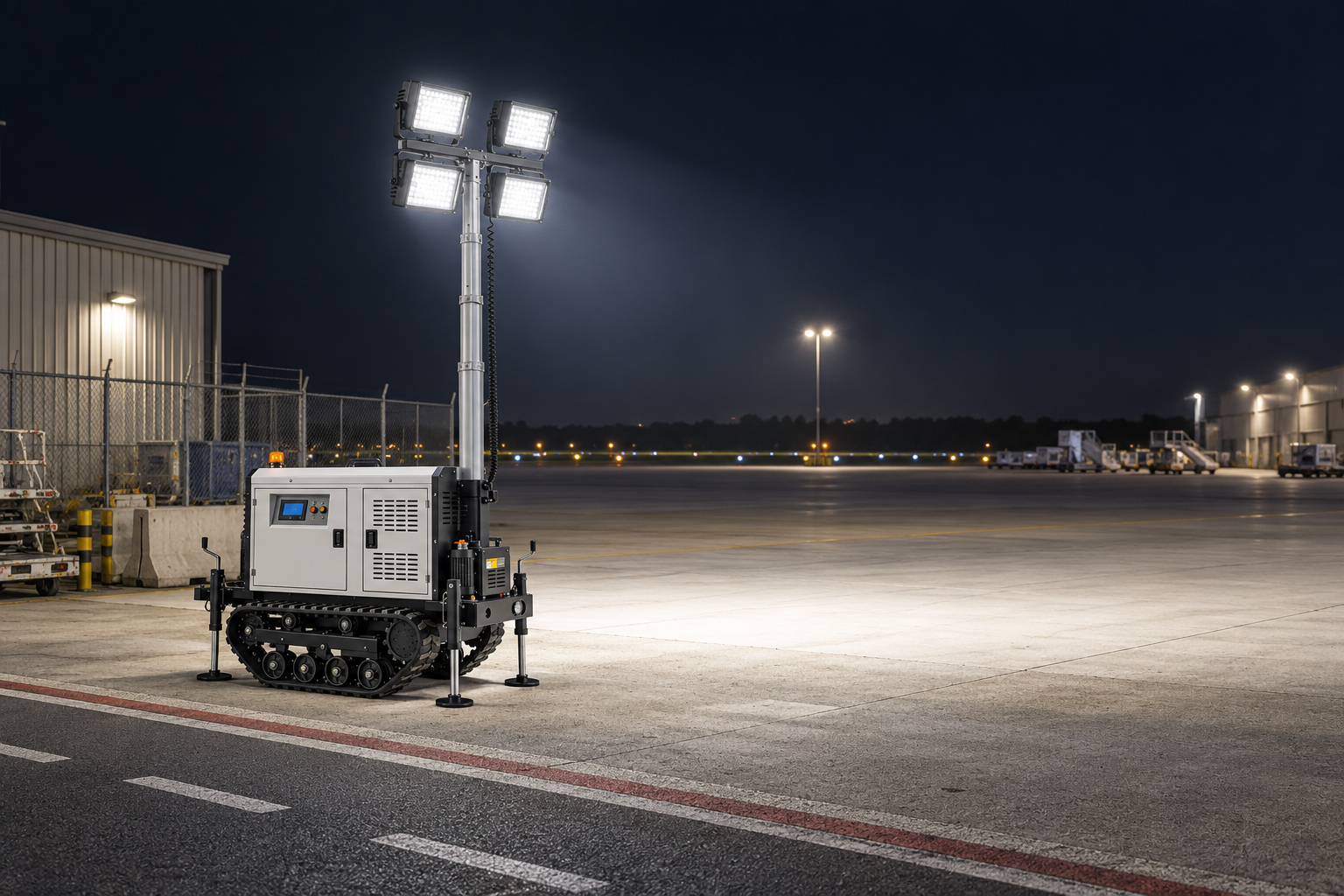 White tracked mobile tower with four rectangular LED heads in an airport apron maintenance support compound at night.