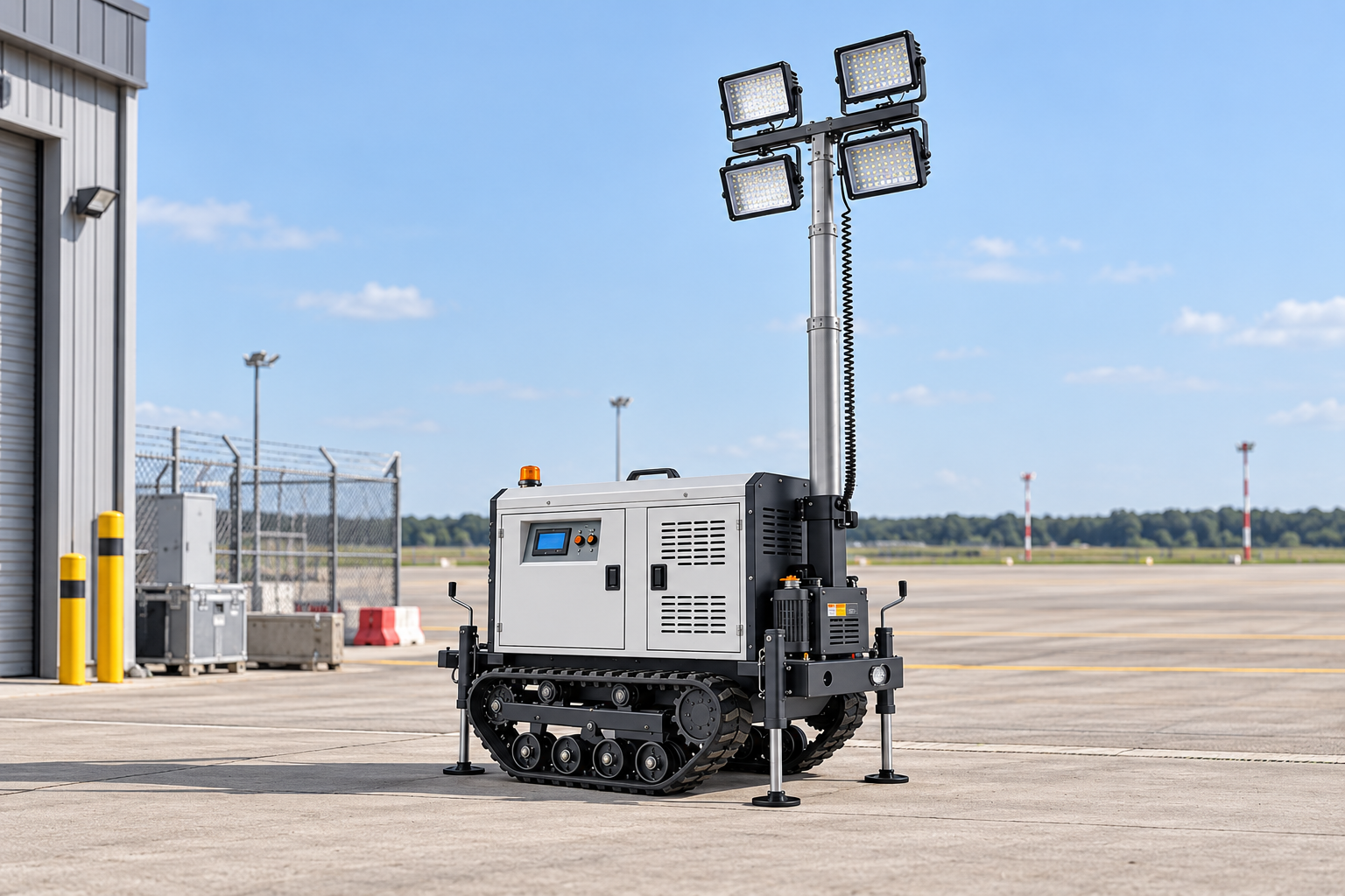 White tracked mobile tower with four rectangular LED heads in an airport apron maintenance support compound in daylight.
