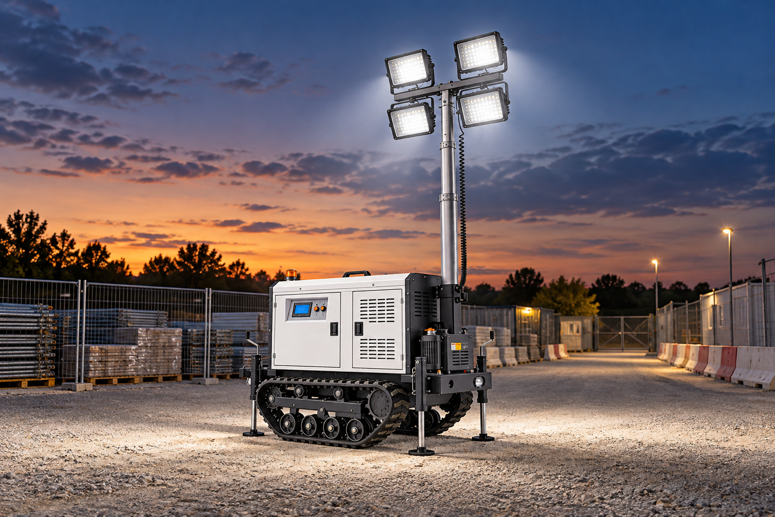 White tracked mobile light tower with four rectangular LED heads in a fenced construction-site storage and gate area at dusk.