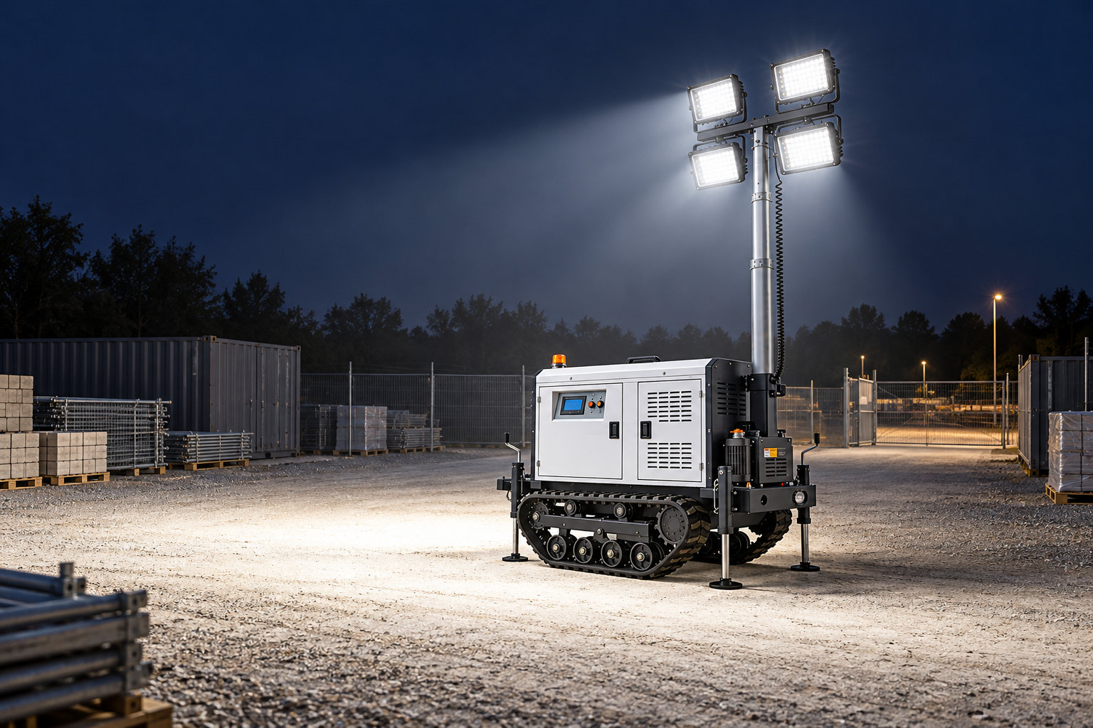 White tracked mobile light tower with four rectangular LED heads in a fenced construction-site storage and gate area at night.