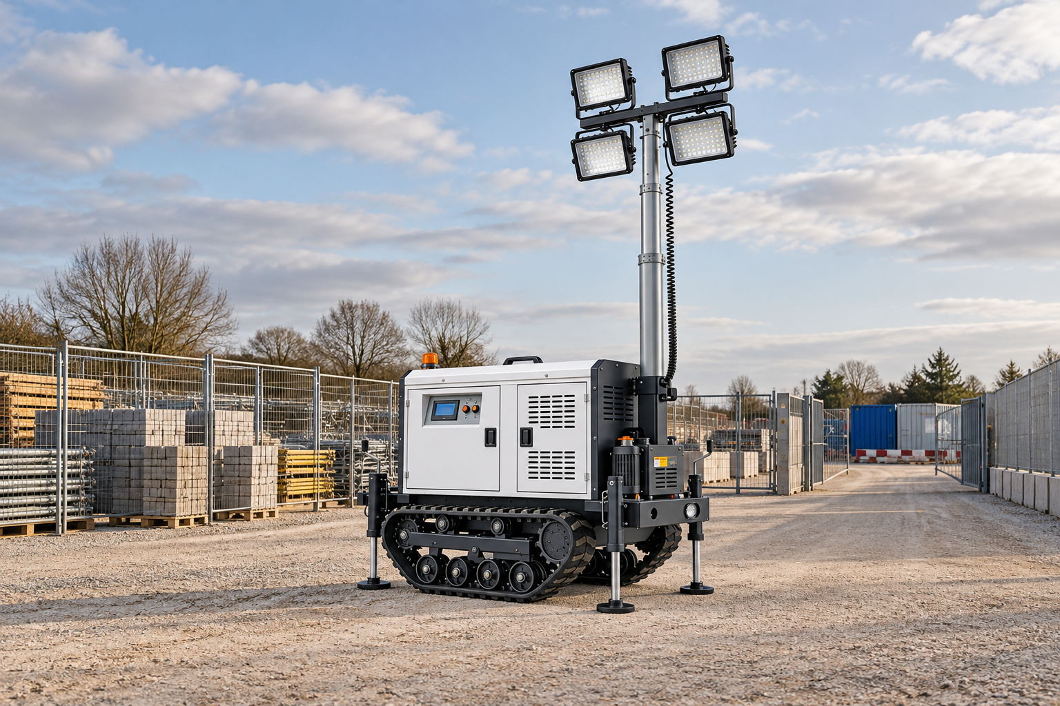 White tracked mobile light tower with four rectangular LED heads in a fenced construction-site storage and gate area in daylight.