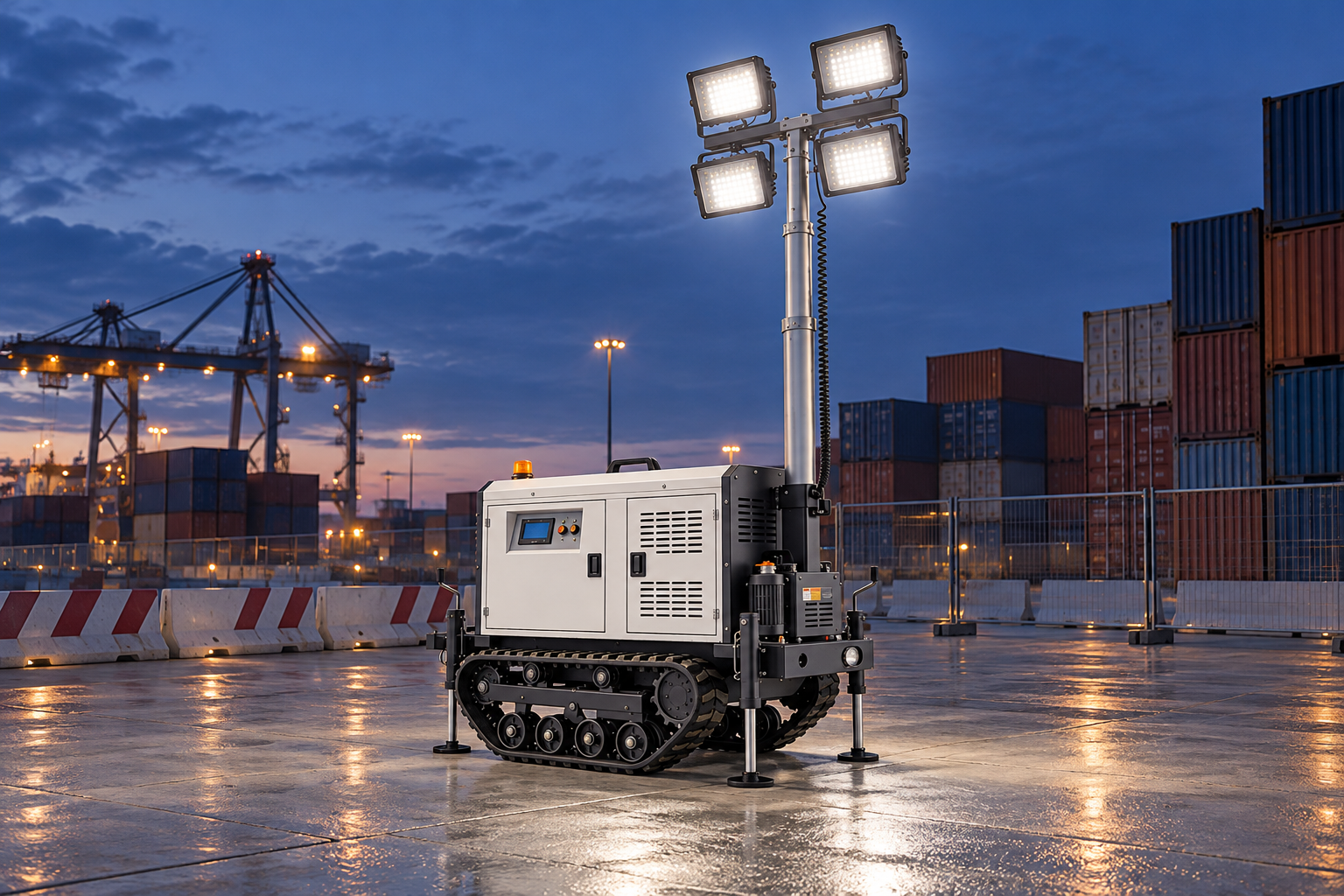 White tracked mobile tower with four rectangular LED heads in a closed container terminal maintenance aisle at blue hour.