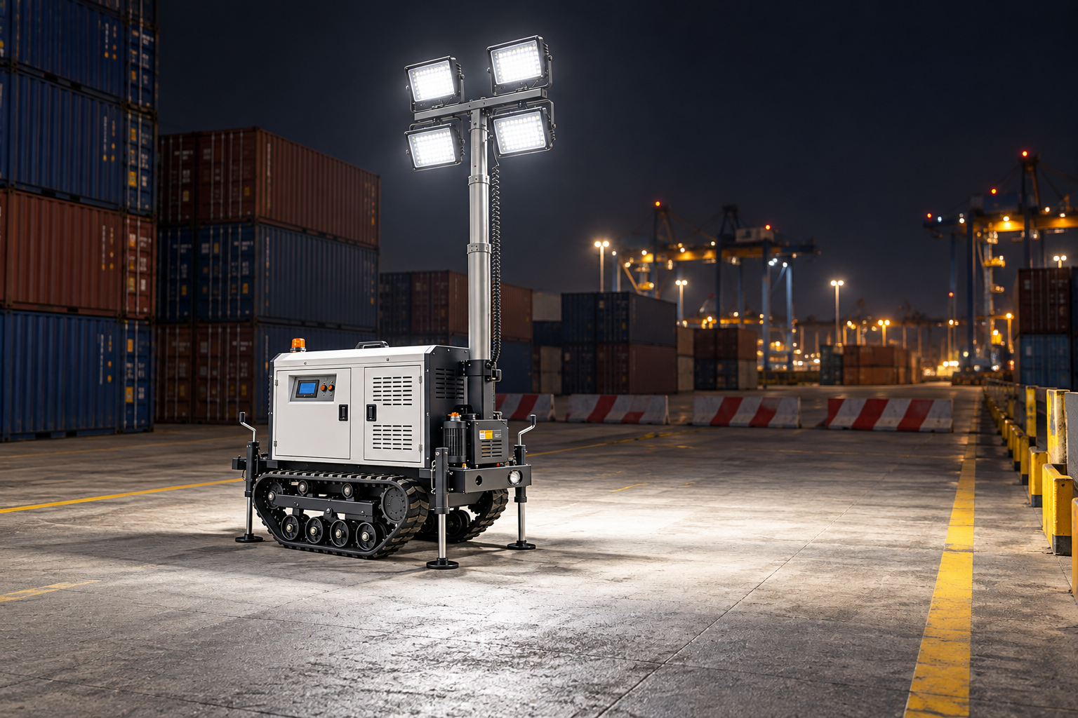 White tracked mobile tower with four rectangular LED heads in a closed container terminal maintenance aisle at night.