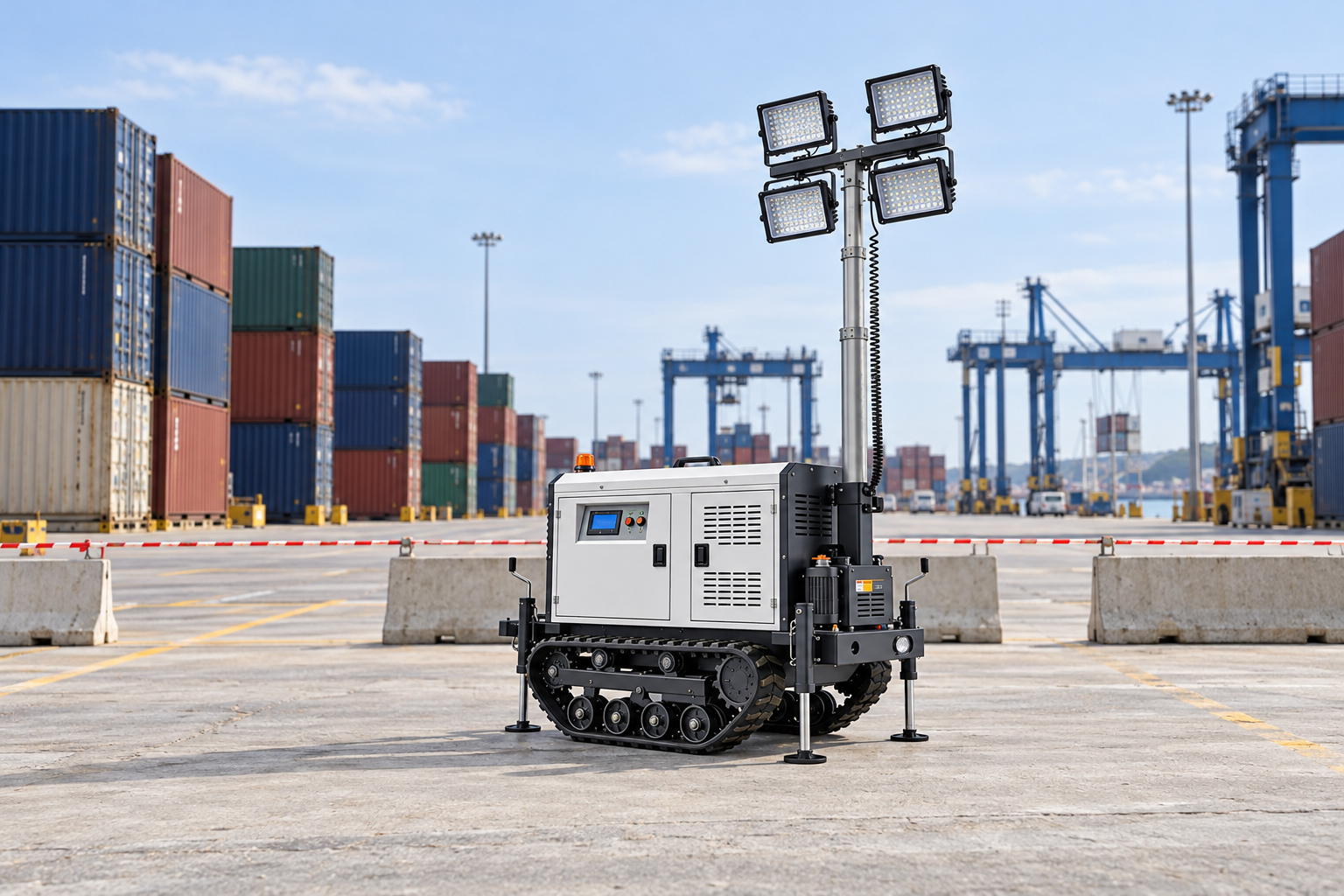 White tracked mobile tower with four rectangular LED heads in a closed container terminal maintenance aisle in daylight.