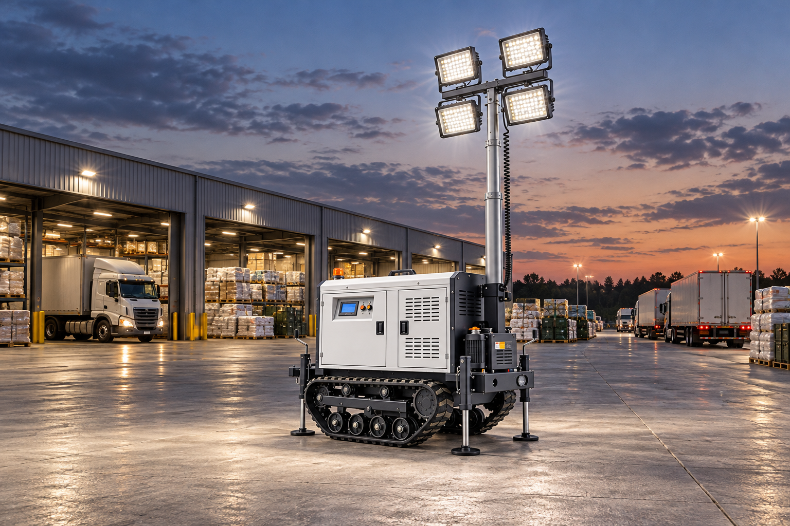 White tracked mobile light tower with four rectangular LED heads in an outdoor disaster logistics warehouse receiving and dispatch yard at dusk.