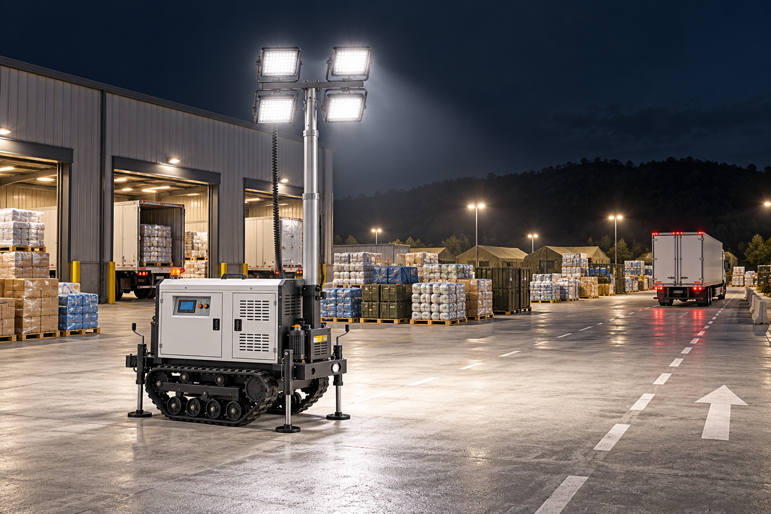 White tracked mobile light tower with four rectangular LED heads in an outdoor disaster logistics warehouse receiving and dispatch yard at night.