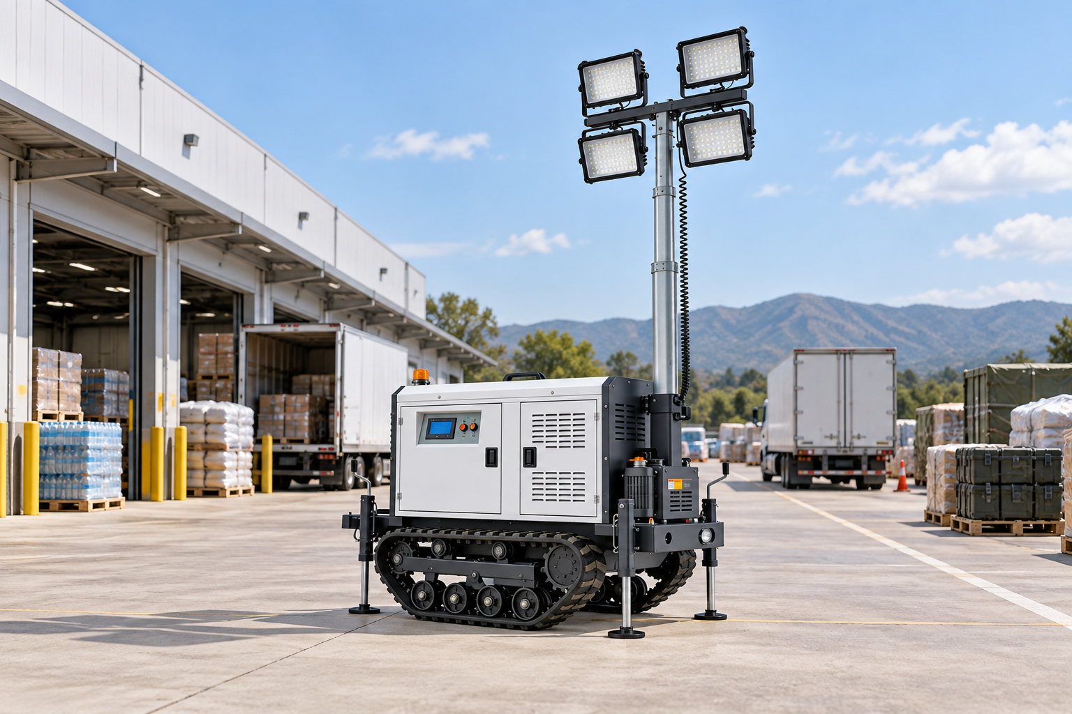 White tracked mobile light tower with four rectangular LED heads in an outdoor disaster logistics warehouse receiving and dispatch yard in daylight.
