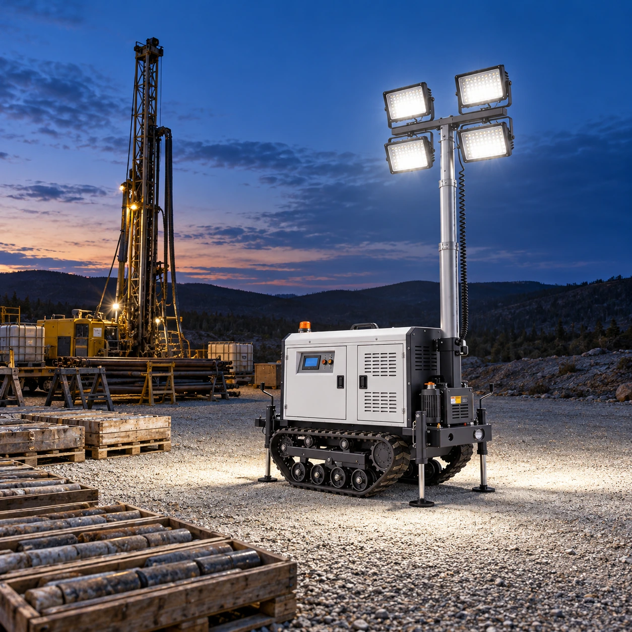 Drill pad lighting using a reference-matched mobile light tower at dusk.