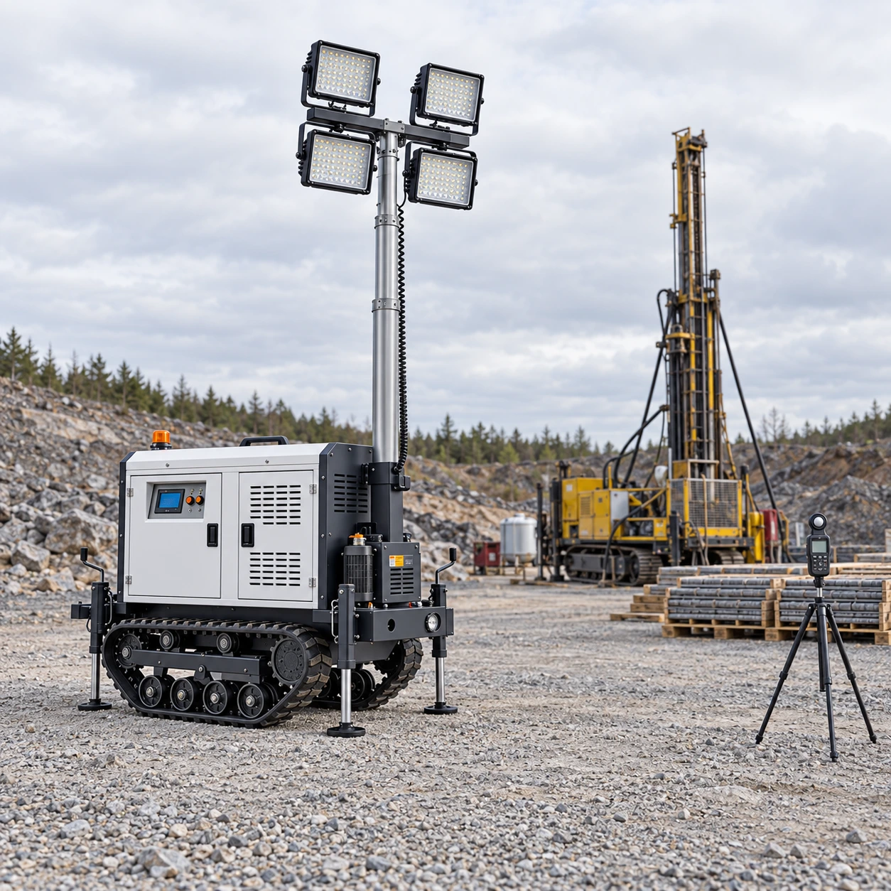 Daylight placement and visual inspection of the mobile tower for drill pad lighting.
