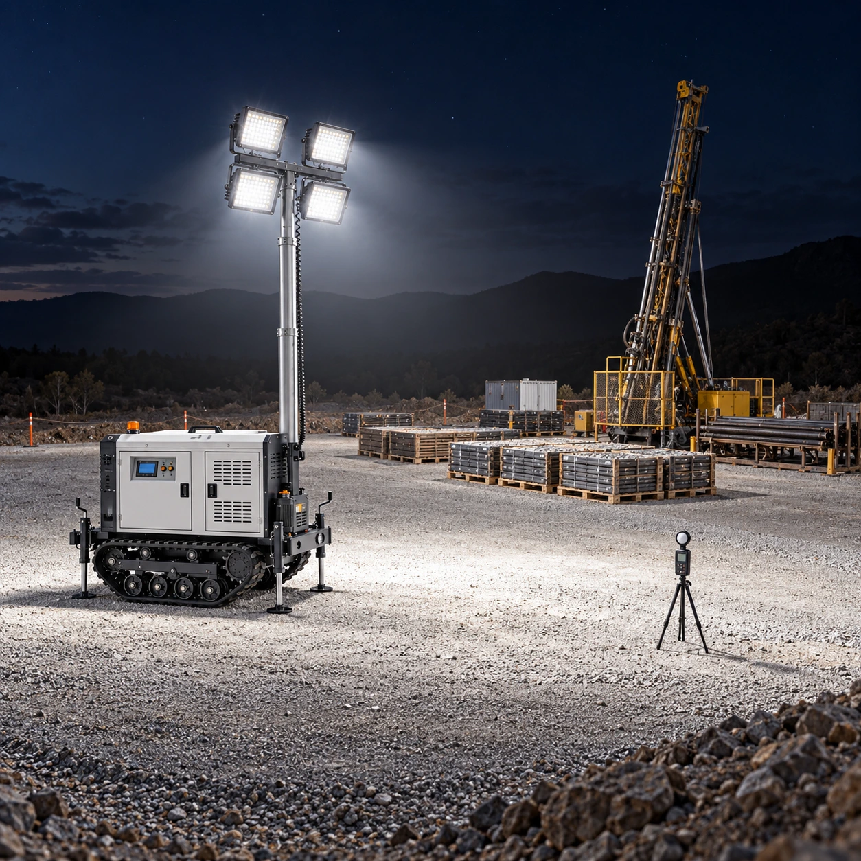 Nighttime setup and illuminated-ground verification for drill pad lighting.