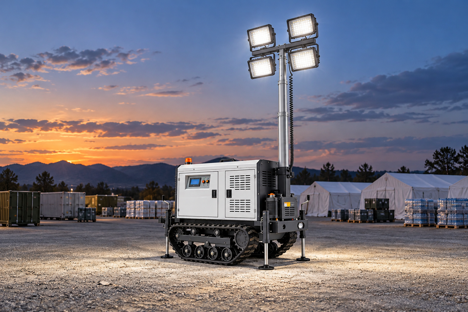White tracked mobile light tower with four rectangular LED heads in an accepted outdoor earthquake response equipment and supply compound at dusk.