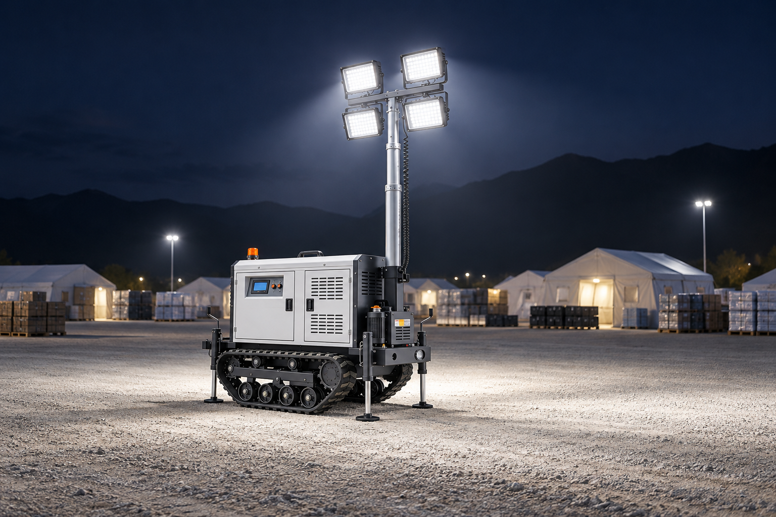 White tracked mobile light tower with four rectangular LED heads in an accepted outdoor earthquake response equipment and supply compound at night.