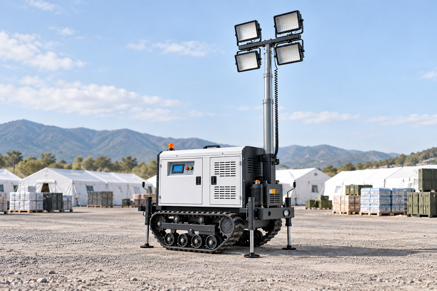 White tracked mobile light tower with four rectangular LED heads in an accepted outdoor earthquake response equipment and supply compound in daylight.