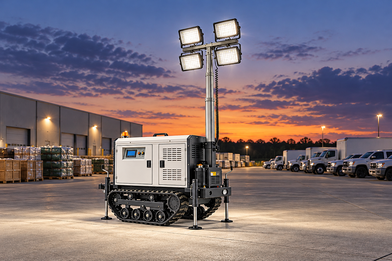 White tracked mobile light tower with four rectangular LED heads on level pavement at a hurricane relief supply staging area at dusk.