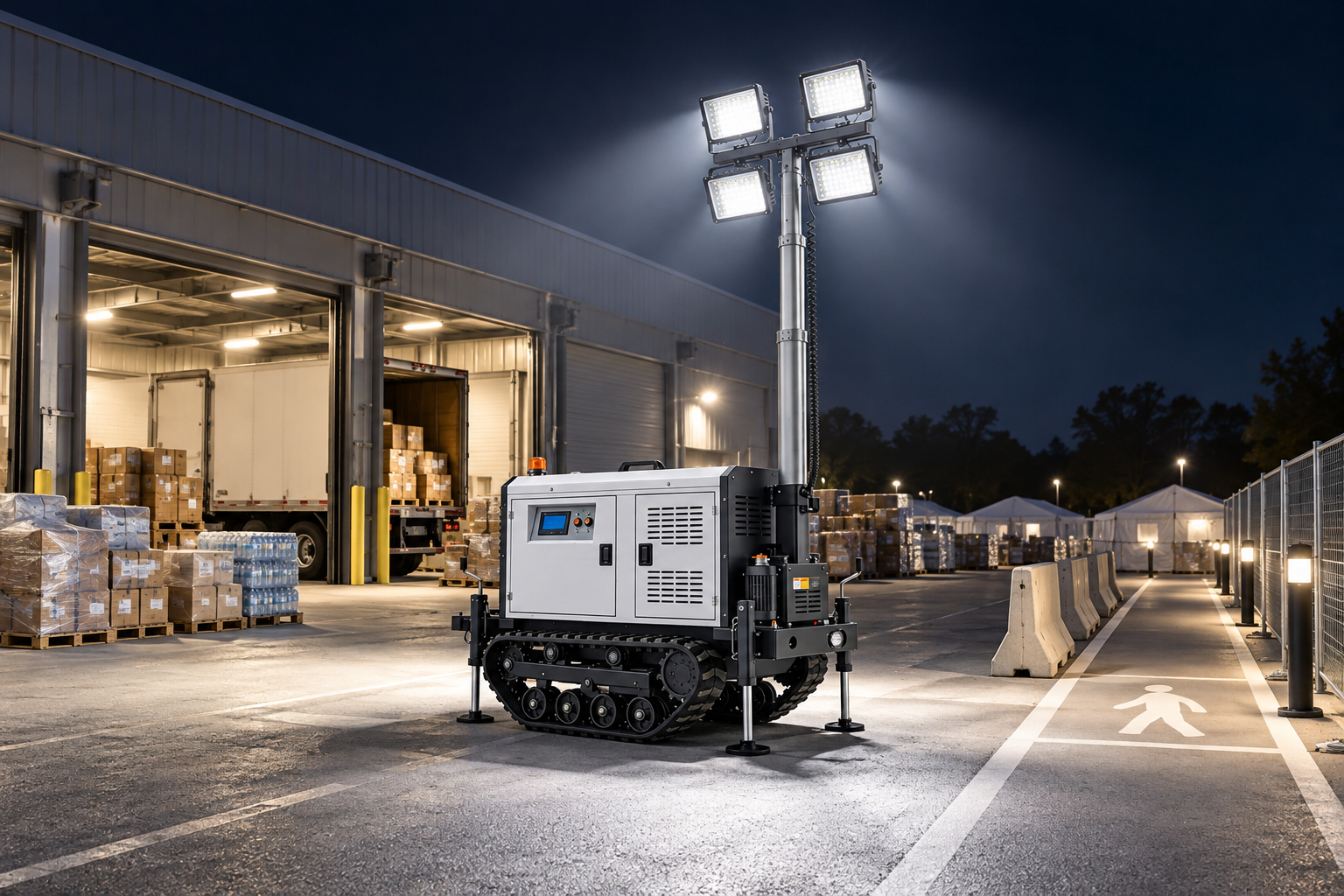 White tracked mobile light tower with four rectangular LED heads on level pavement at a hurricane relief supply staging area at night.