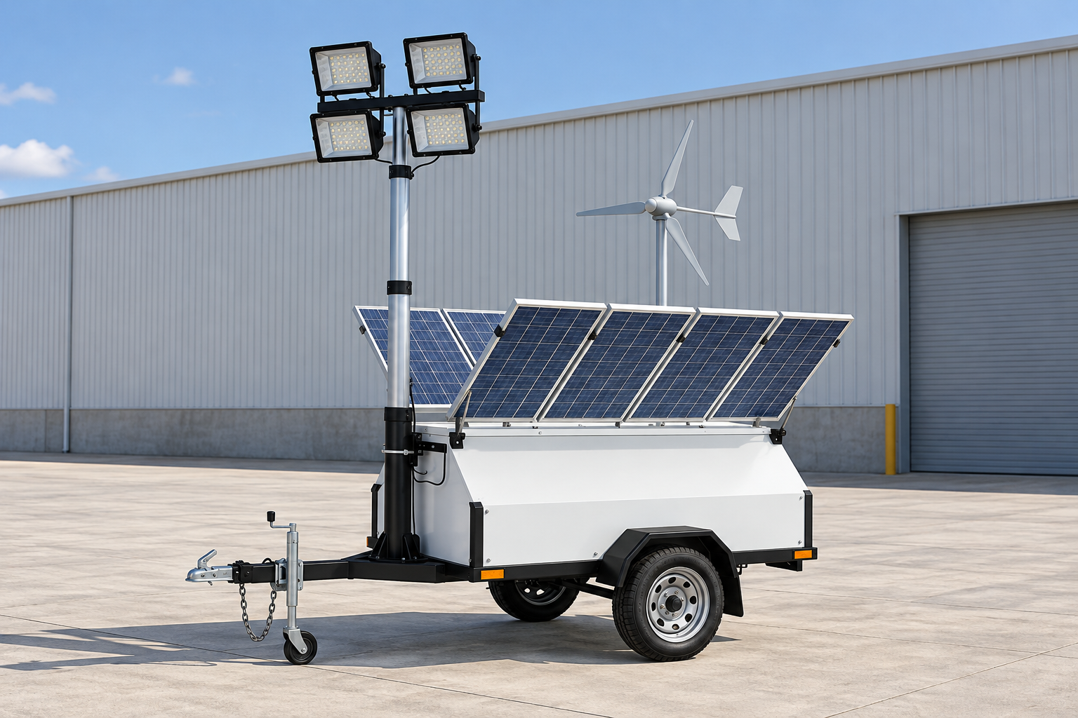 White single-axle wind-solar trailer with tilted blue solar panels, four square lamps, silver mast, original drawbar and three-blade turbine in an empty warehouse assessment yard.