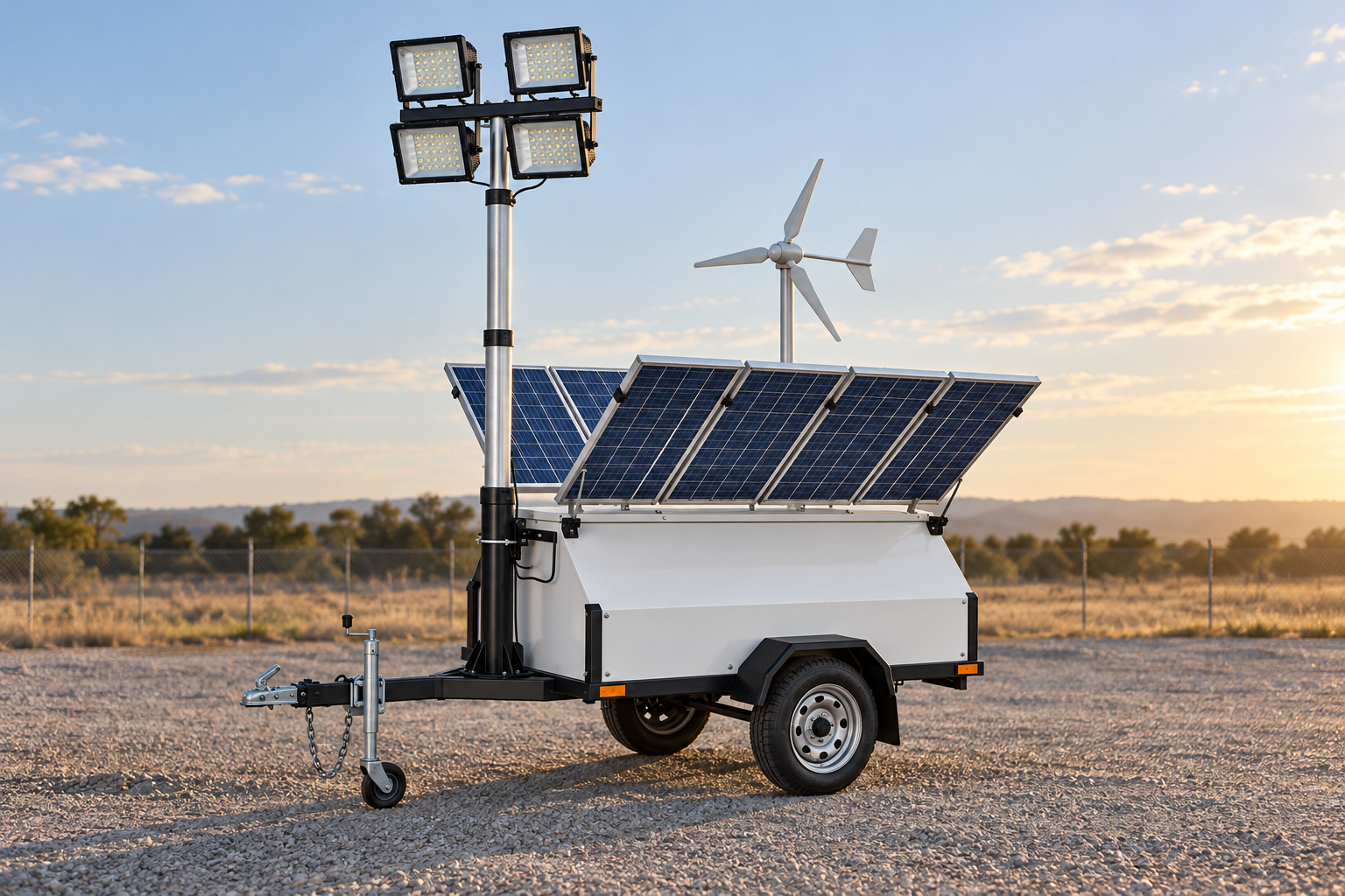 White single-axle wind-solar trailer with tilted blue solar panels, four square lamps, silver mast, original drawbar and three-blade turbine in a fenced gravel deployment assessment pad.