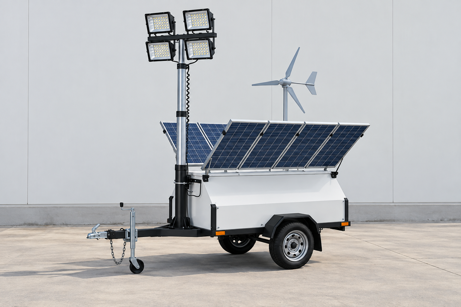 White single-axle wind-solar trailer with tilted blue solar panels, four square lamps, silver mast, original drawbar and three-blade turbine in a clear paved configuration assessment bay.