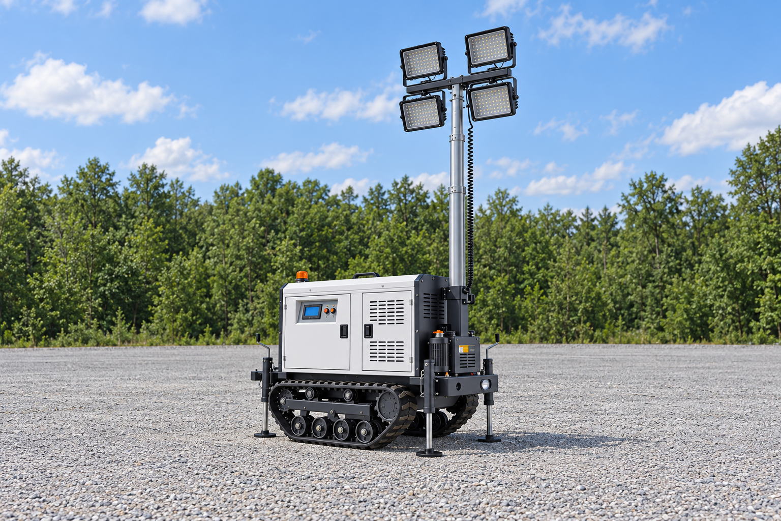 White crawler lighting tower with black rubber tracks, support legs, silver mast and four square lamps, lamps off, in an empty gravel assessment yard.