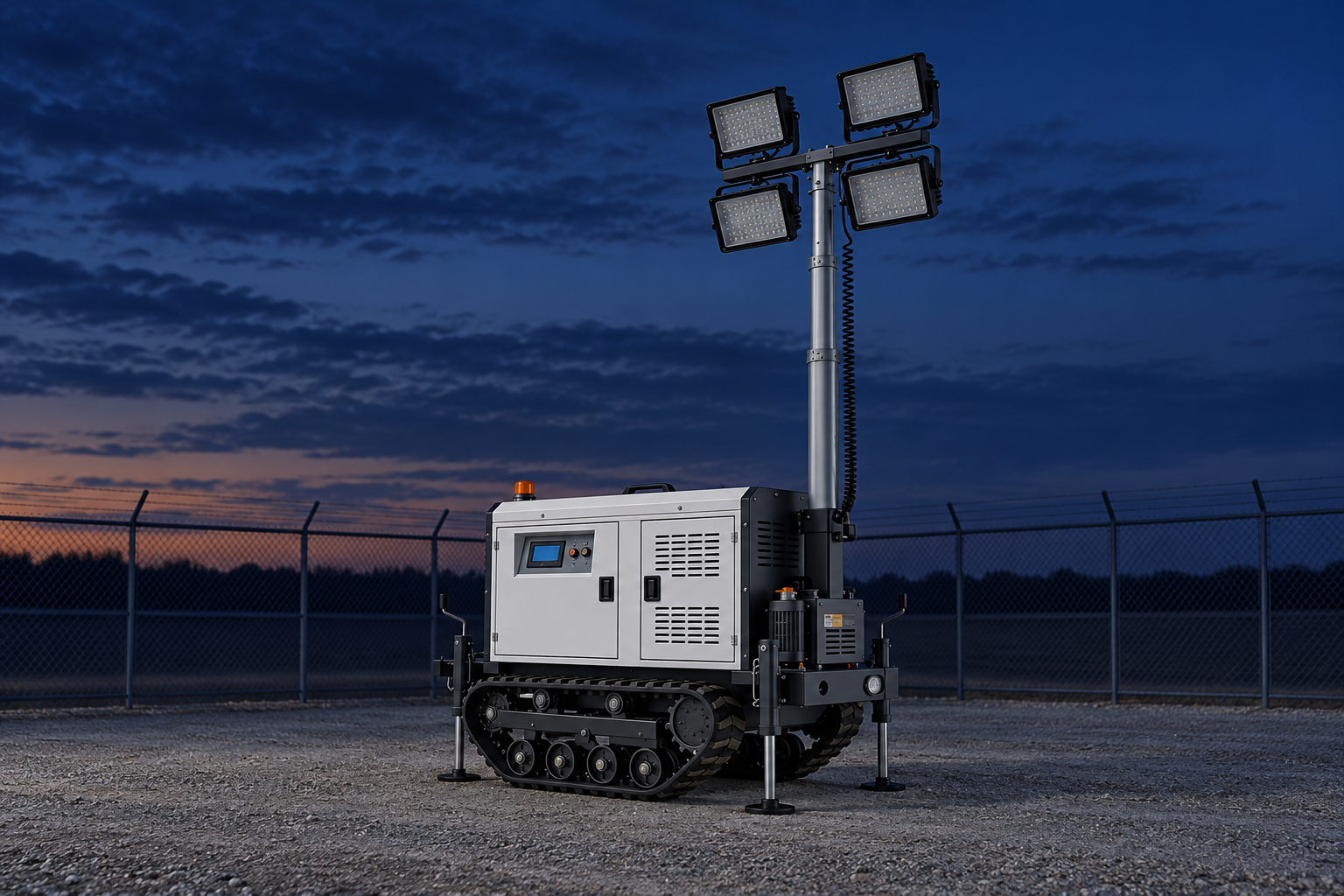 White crawler lighting tower with black rubber tracks, support legs, silver mast and four square lamps, lamps off, in a fenced blue-hour shift assessment pad.