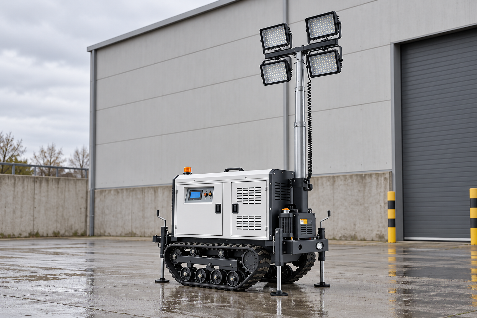 White crawler lighting tower with black rubber tracks, support legs, silver mast and four square lamps, lamps off, in an outdoor comparison inspection bay.
