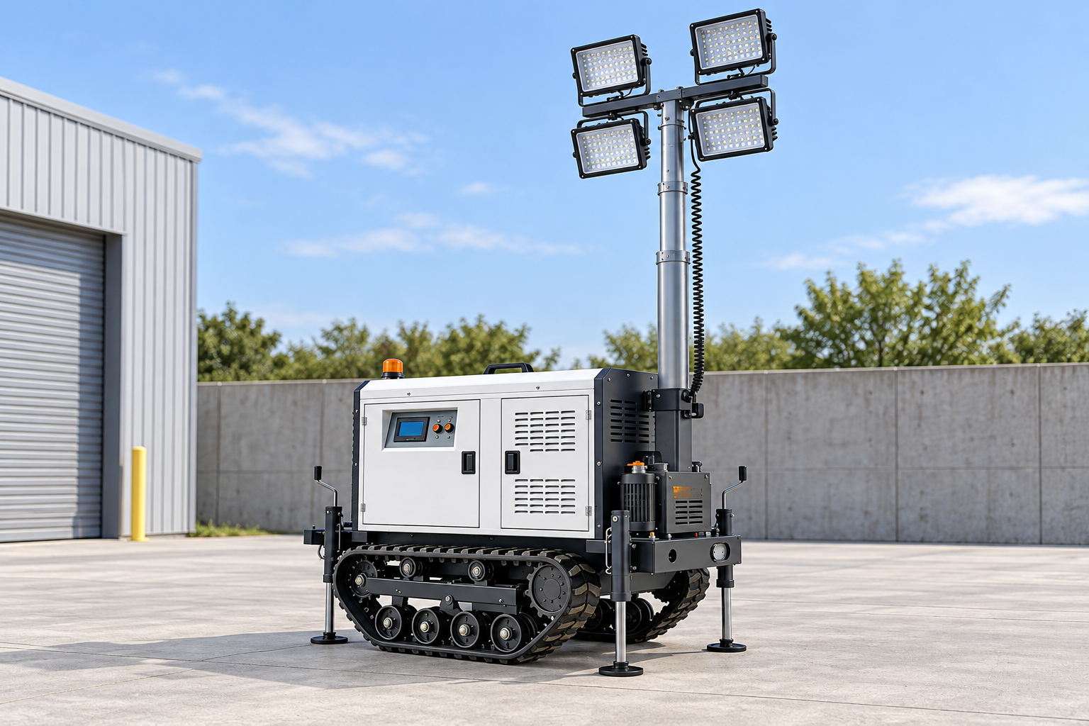 Reference-based white enclosure with original doors, vents and controls, black rubber crawler chassis, four square lamps in two rows, rear-right silver mast, coiled cable, auxiliary housing and four deployed stabilizer legs with circular feet in a clean isolated parked equipment review bay in daylight.
