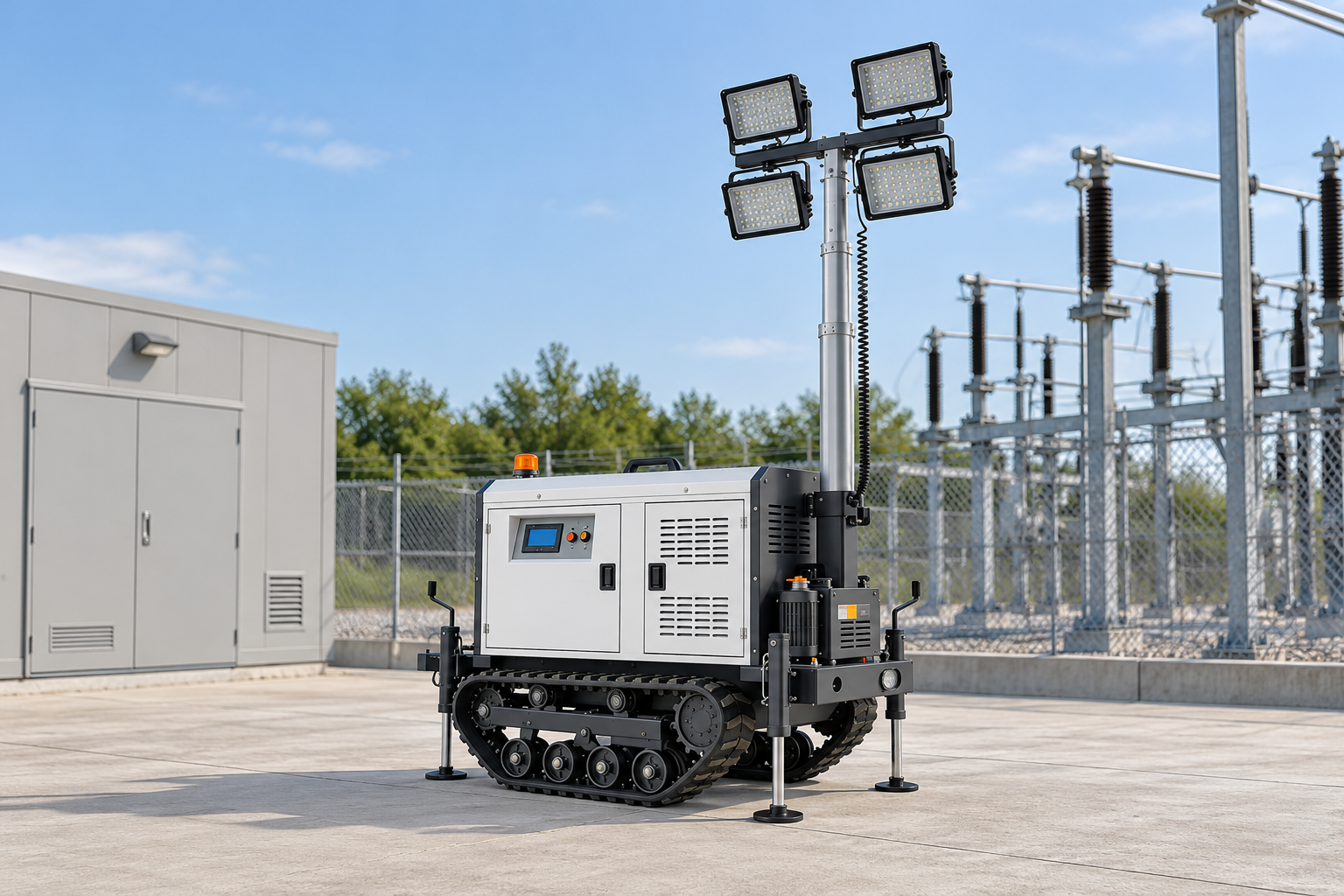 Reference-based white enclosure with original doors, vents and controls, black rubber crawler chassis, four square lamps in two rows, rear-right silver mast, coiled cable, auxiliary housing and four deployed stabilizer legs with circular feet in a safe closed-cabinet equipment inspection yard with no personnel.