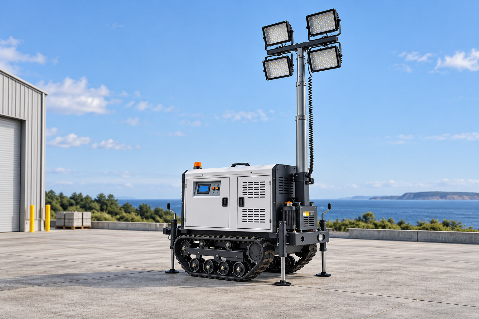 White crawler lighting tower with four square lamps, silver mast, black tracks and circular support feet in a dry paved assessment yard with distant sea.