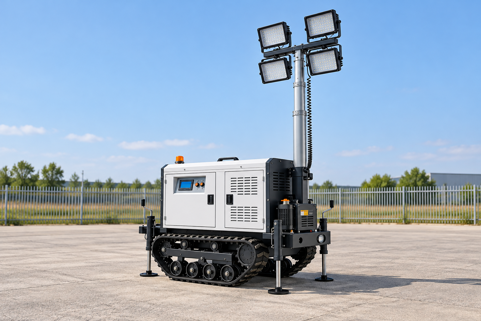 White crawler lighting tower with four square lamps, silver mast, black tracks and circular support feet in a dry fenced equipment assessment pad.
