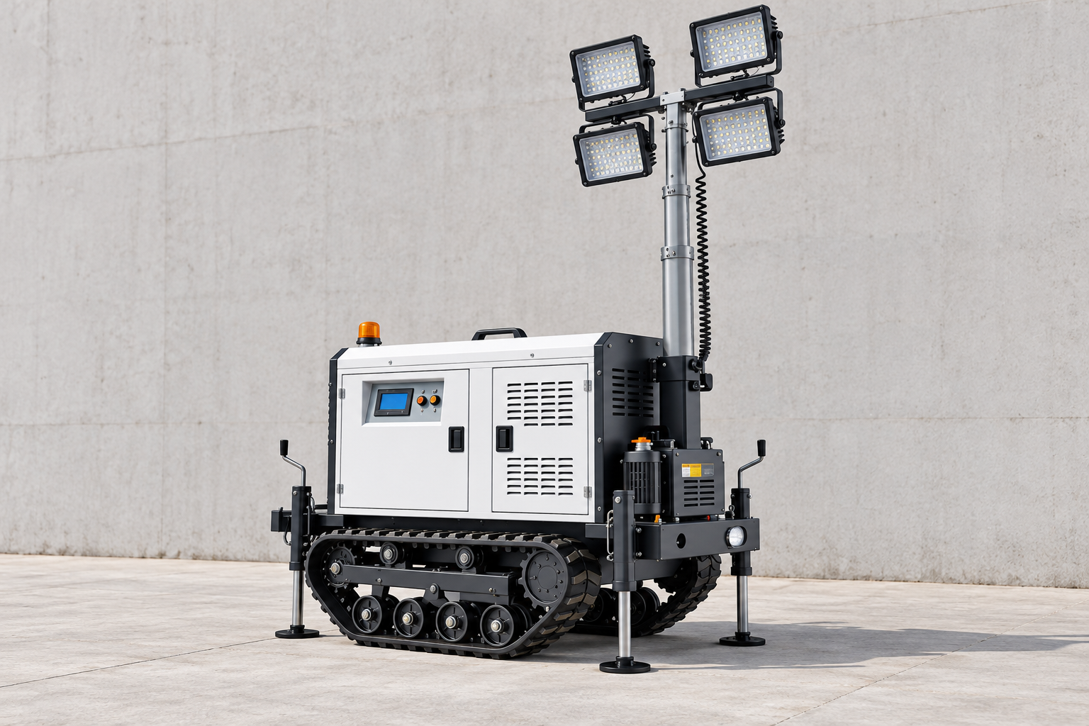 White crawler lighting tower with four square lamps, silver mast, black tracks and circular support feet in a clear concrete receiving inspection courtyard.
