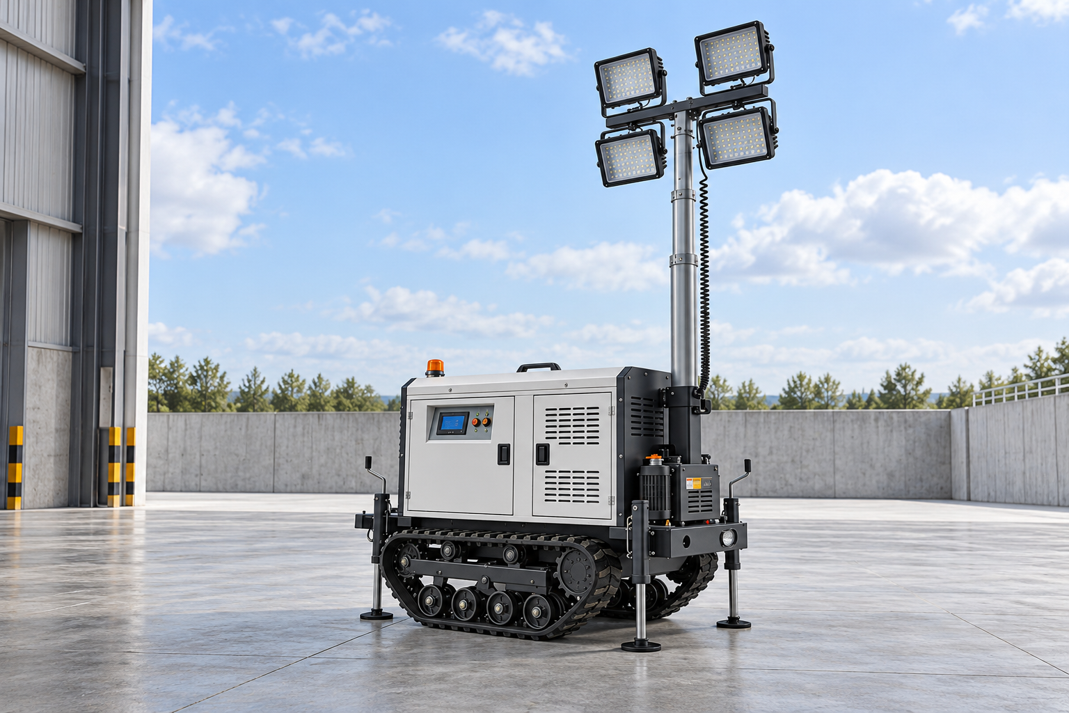 White crawler lighting tower with black rubber tracks, support legs, silver mast and four square lamps, lamps off, in an empty safety assessment bay.
