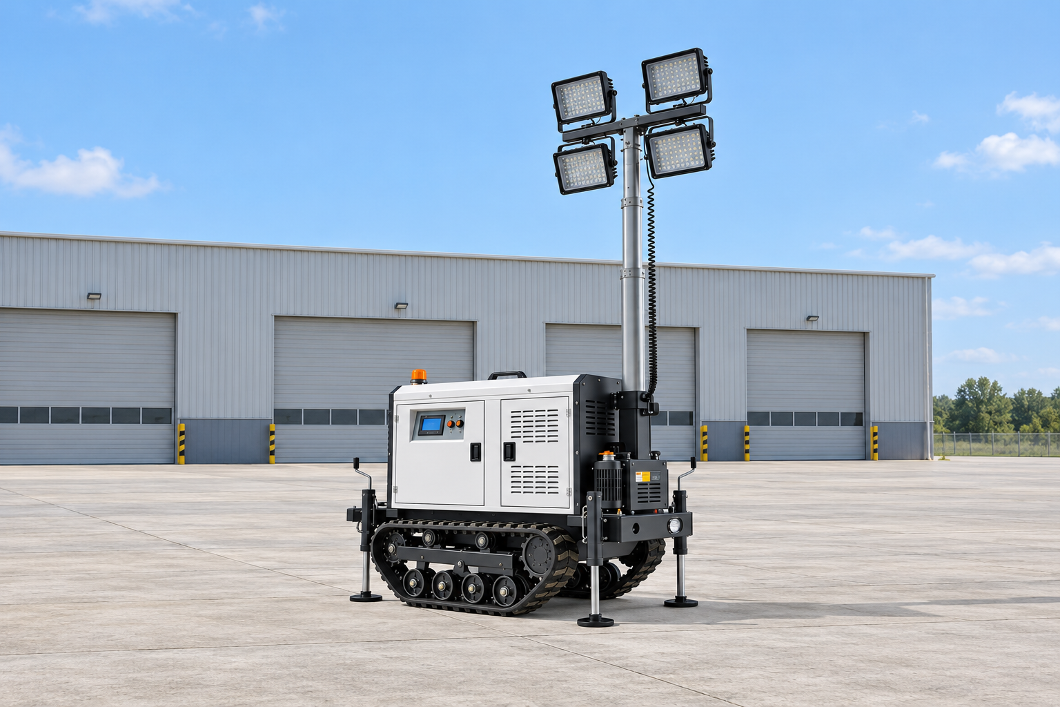 White crawler lighting tower with black rubber tracks, support legs, silver mast and four square lamps, lamps off, in a return-to-service assessment apron.