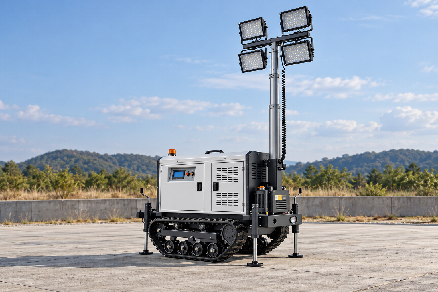 White crawler lighting tower with black rubber tracks, support legs, silver mast and four square lamps, lamps off, in an isolated pre-operation inspection area.