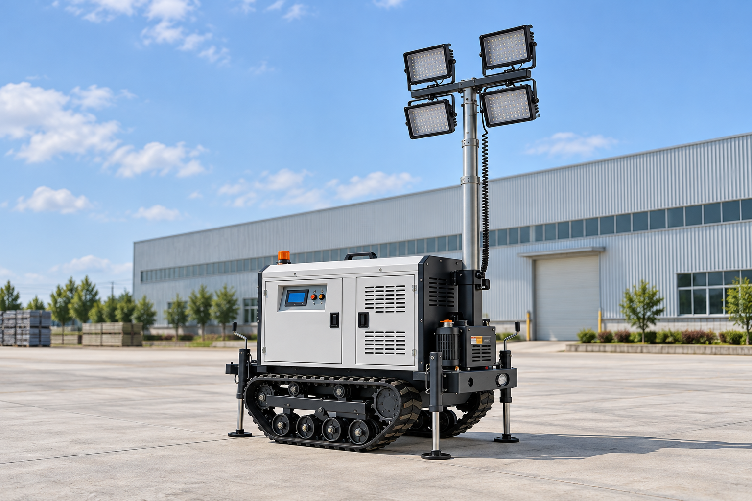 White tracked lighting tower with four square lamps, silver mast, coiled cable and deployed support legs on an outdoor factory inspection pad.