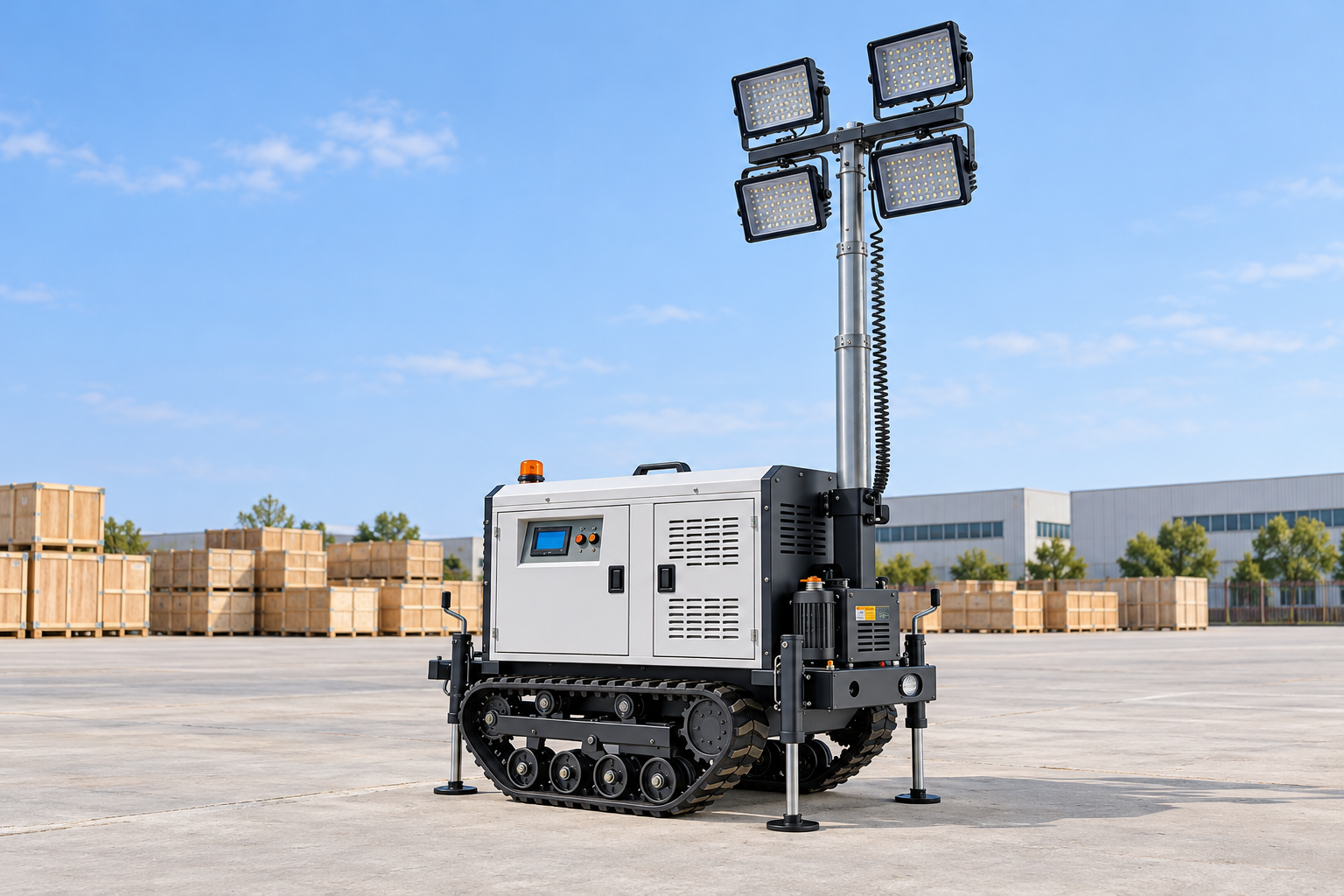 White tracked lighting tower with four square lamps, silver mast, coiled cable and deployed support legs on an factory release yard with distant shipping crates.