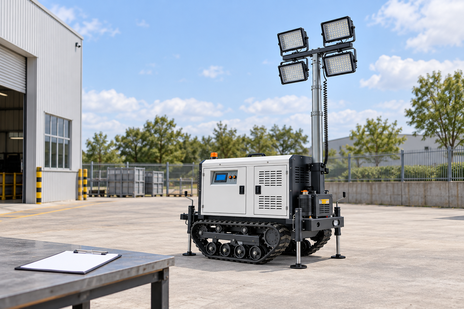 White tracked lighting tower with four square lamps, silver mast, coiled cable and deployed support legs on an outdoor observation bay with a separate documentation table.