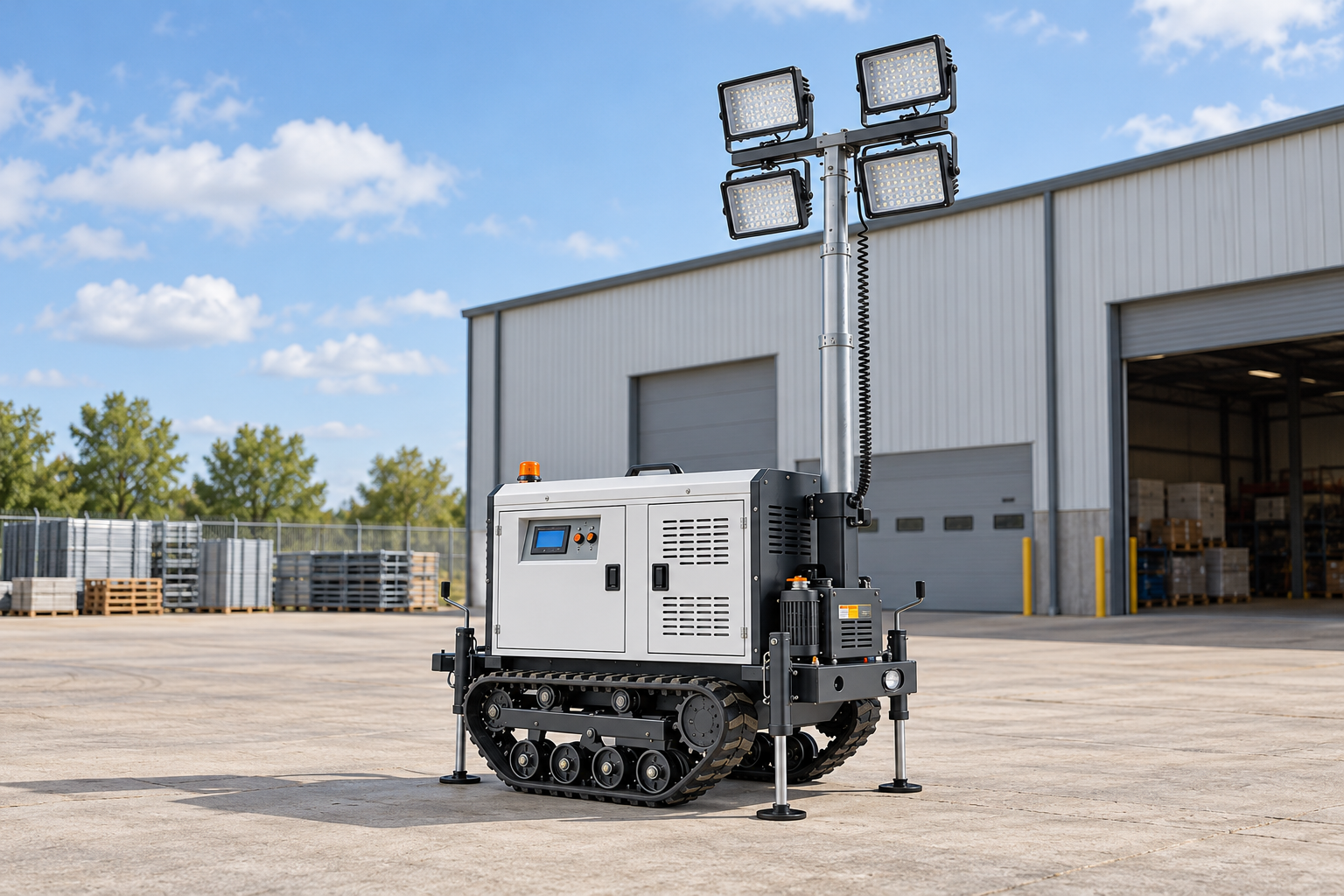 White crawler lighting tower with four square lamps, silver mast, coiled cable and support legs in an outdoor dispatch yard.