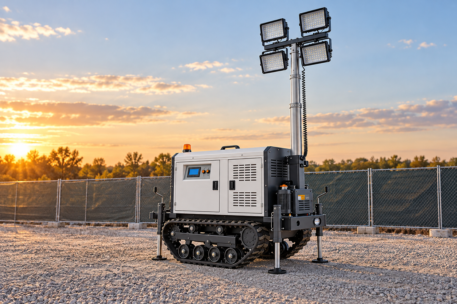 White crawler lighting tower with four square lamps, silver mast, coiled cable and support legs in a fenced gravel staging area.