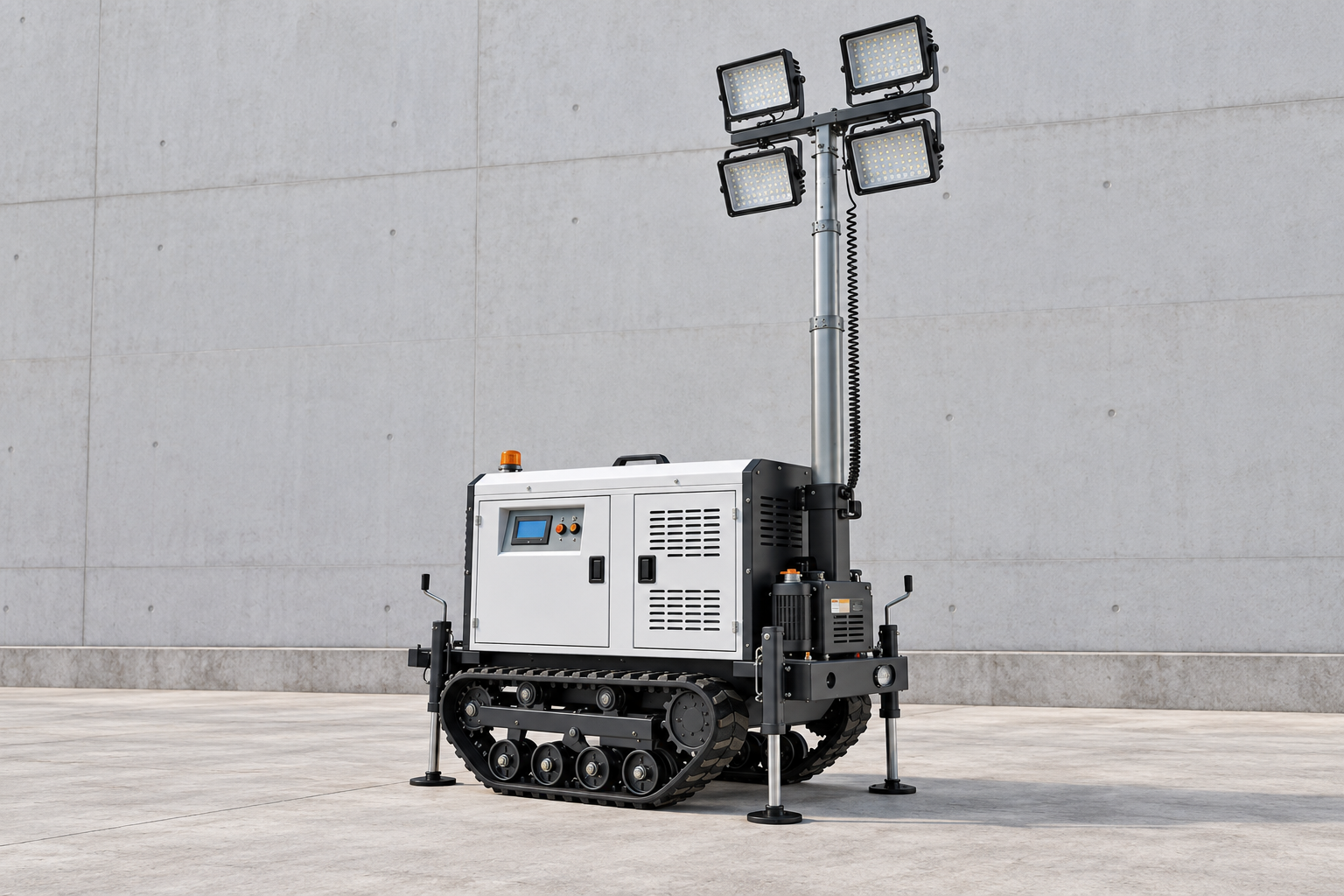 White crawler lighting tower with four square lamps, silver mast, coiled cable and support legs in a clear return inspection courtyard.