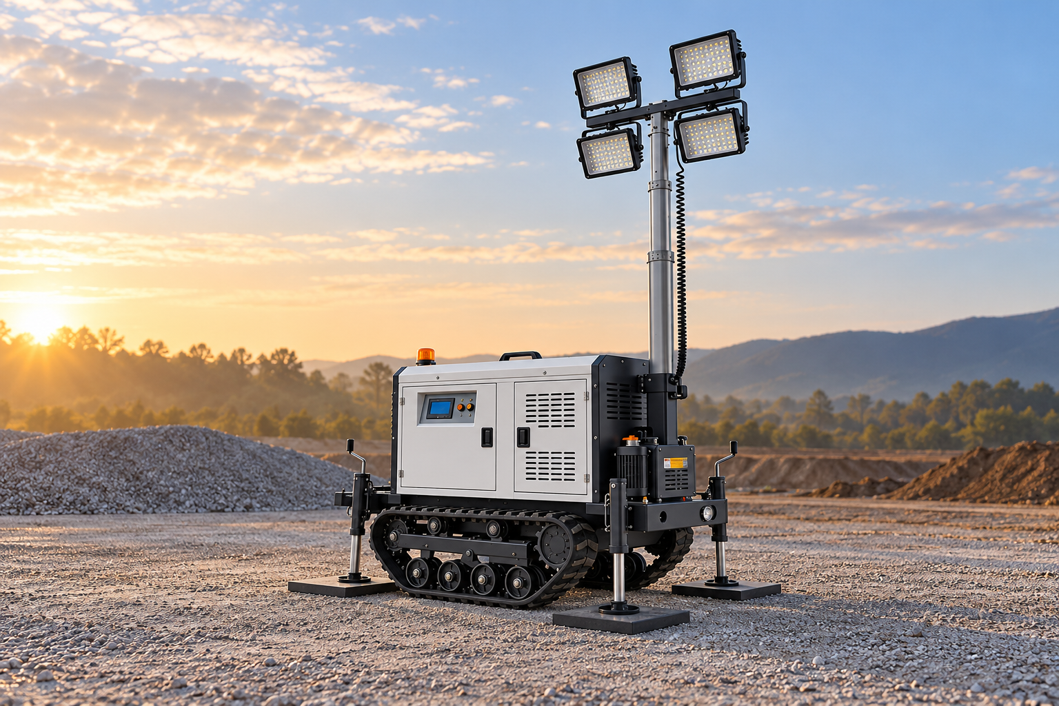 White crawler light tower with four rectangular lamps and stabilizer feet on separate square mats on a level gravel pad at sunrise.