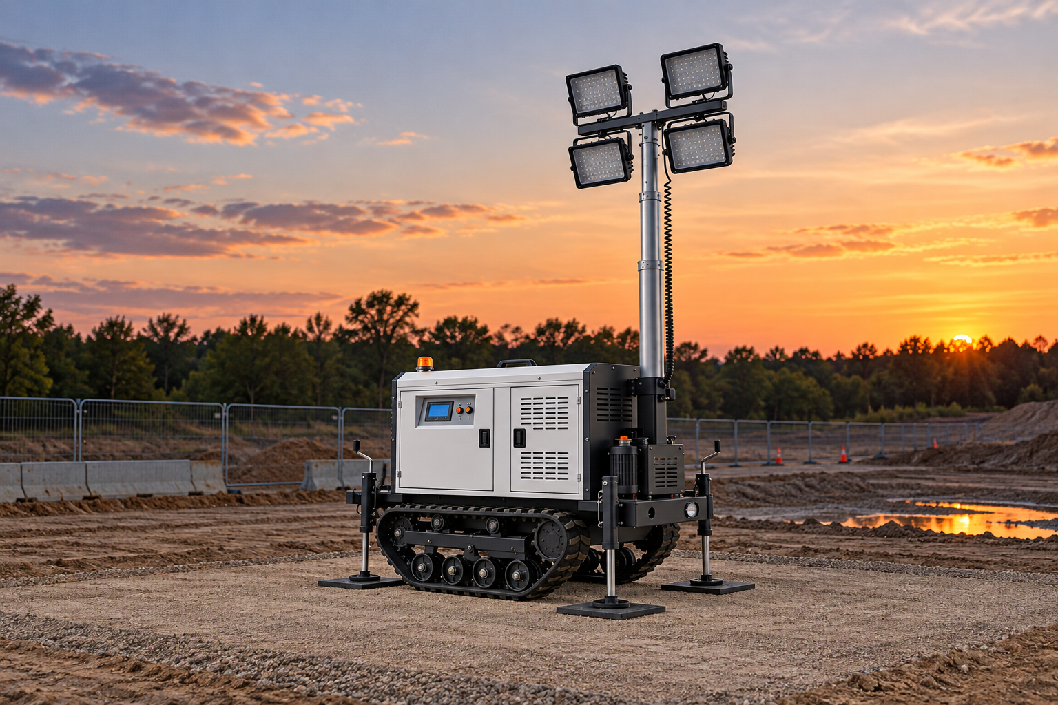 Crawler light tower on a firm prepared pad with supported feet and drainage water outside the deployment area at dusk.