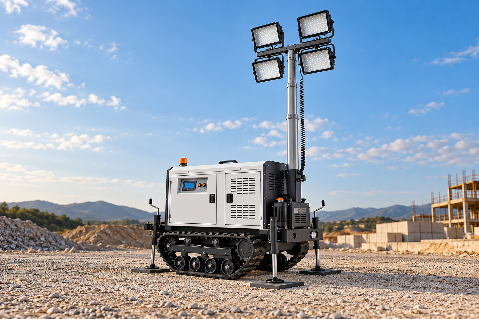 Crawler light tower with round stabilizer feet positioned on individual square mats on compacted gravel.
