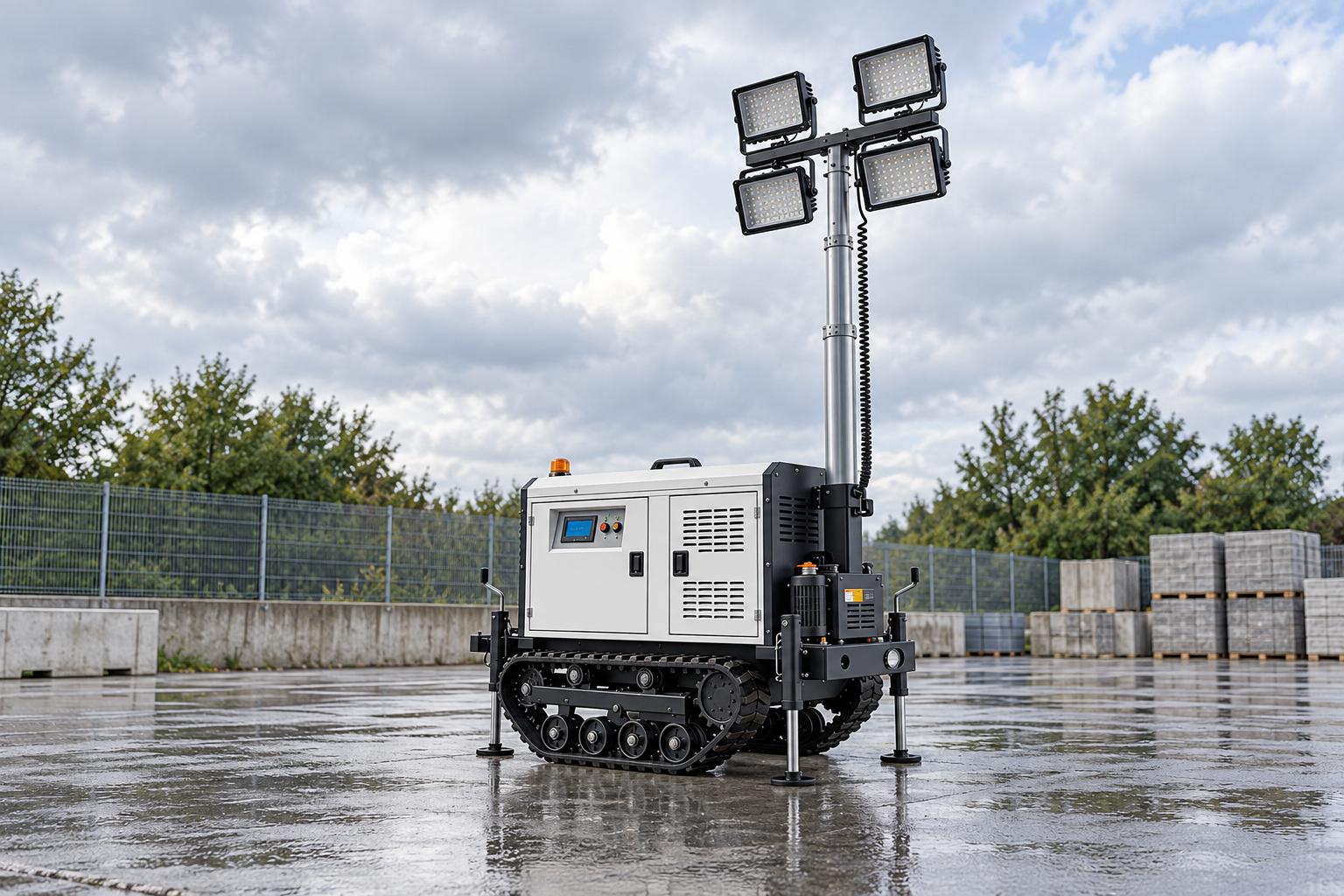 White crawler lighting tower with black rubber tracks, support legs, silver mast and four square lamps, lamps off, in a wet outdoor exposure assessment yard.