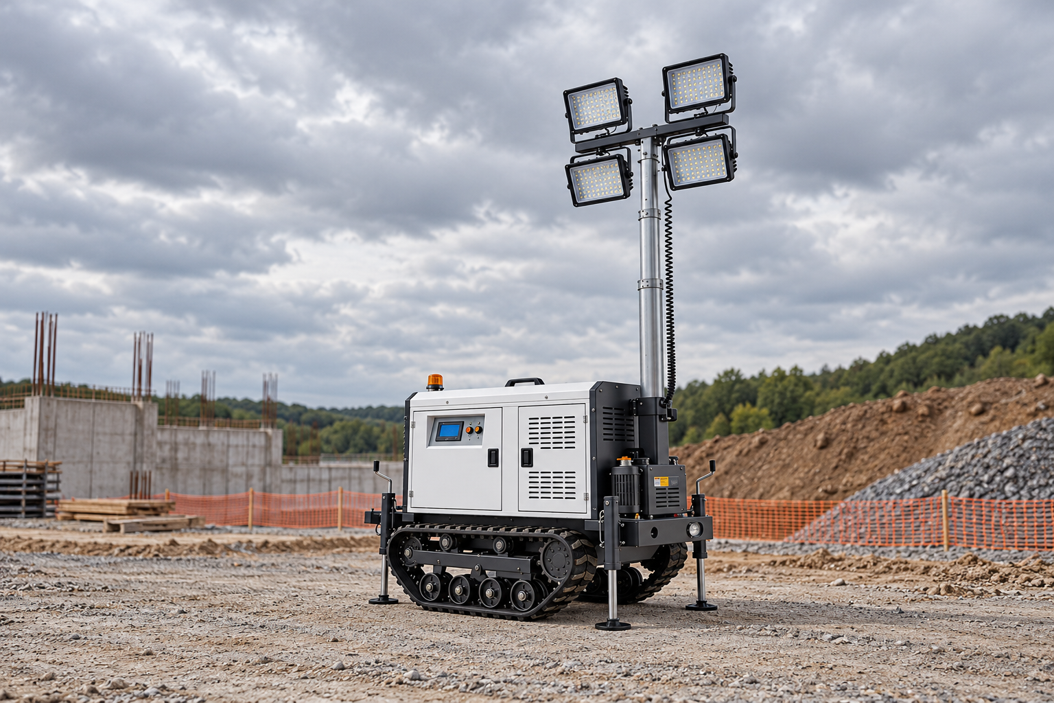 White crawler lighting tower with black rubber tracks, support legs, silver mast and four square lamps, lamps off, in an outdoor construction boundary.