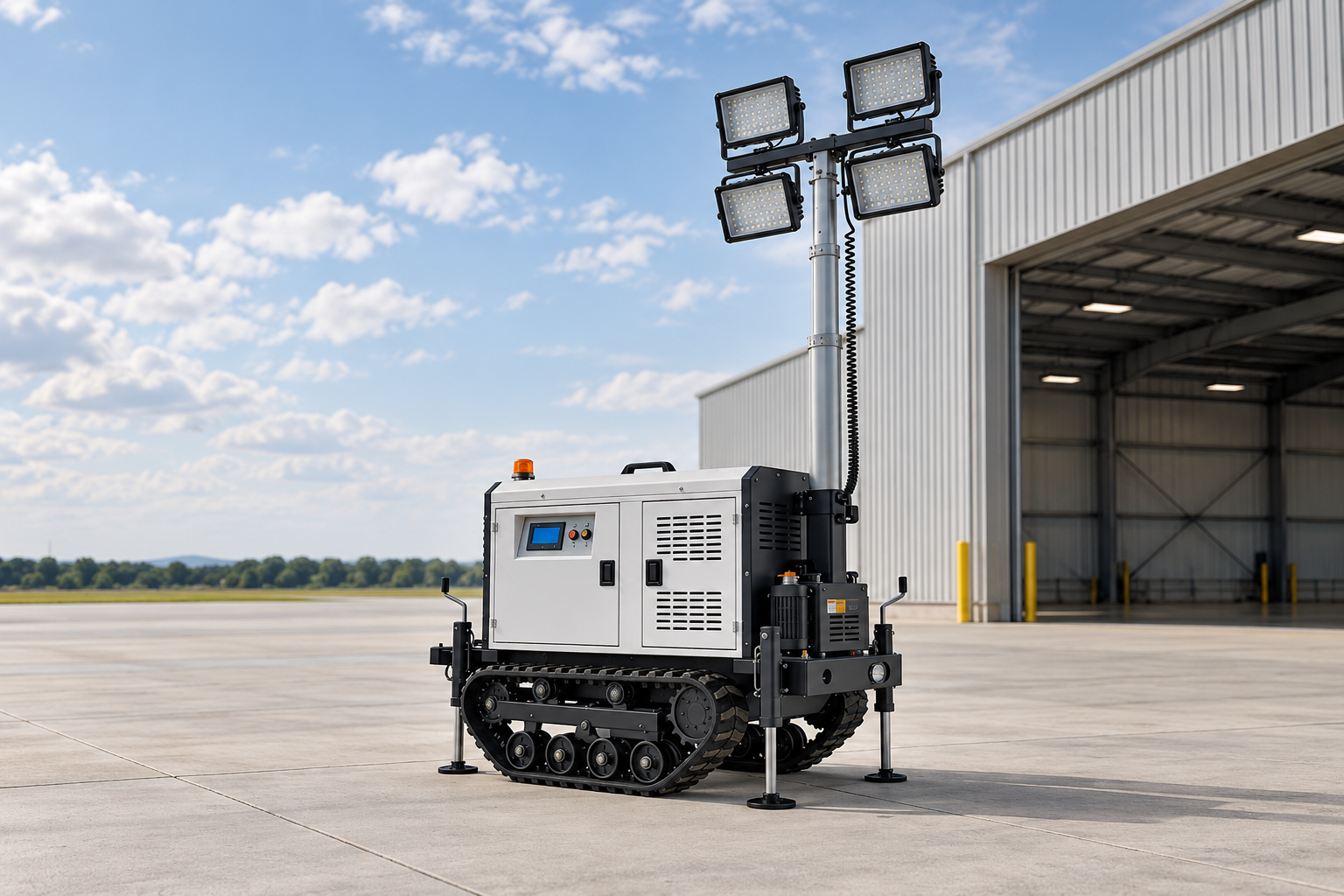 White crawler lighting tower with black rubber tracks, support legs, silver mast and four square lamps, lamps off, in a clear enclosure inspection apron.
