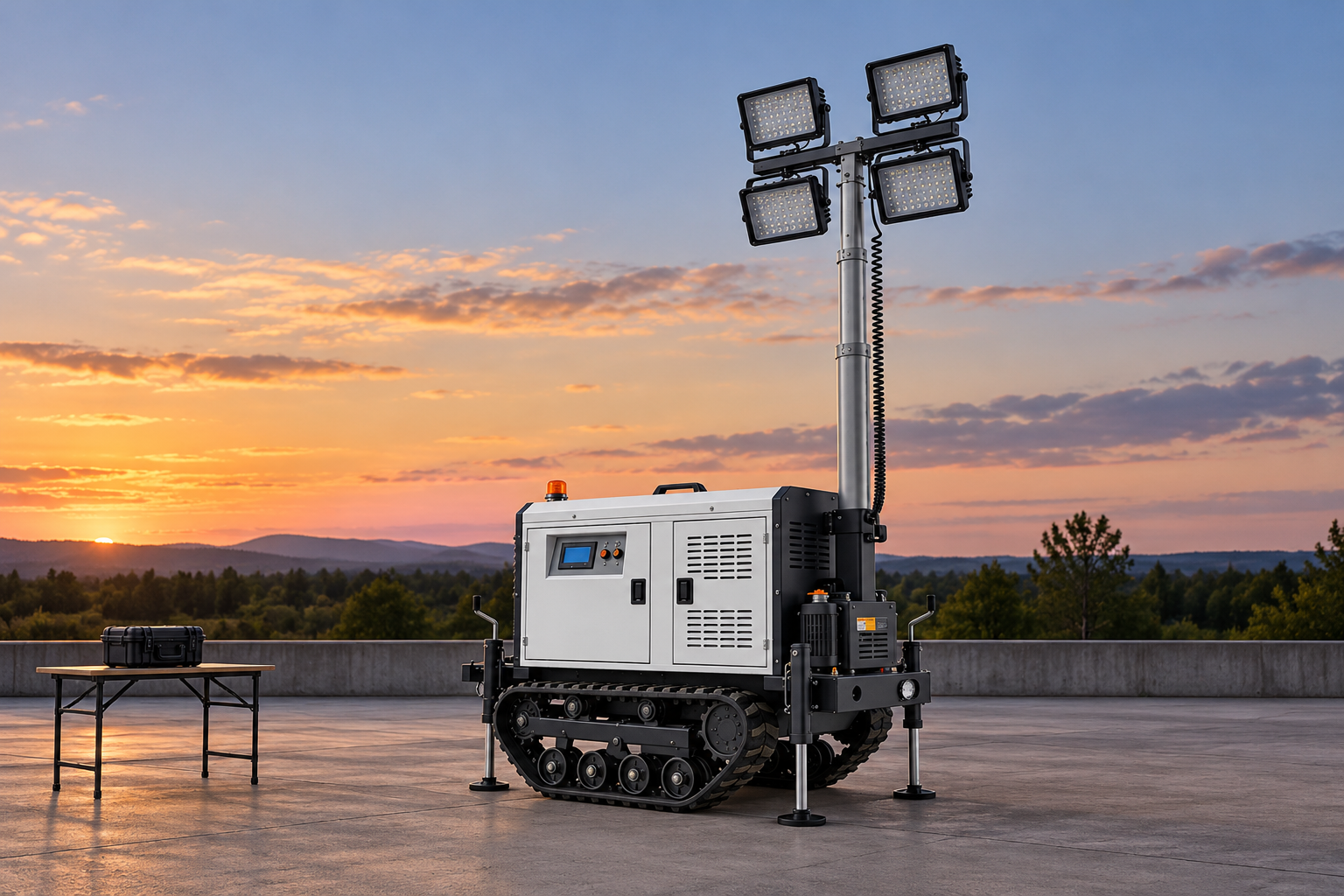 Crawler lighting tower with lamps off on a closed dusk assessment pad beside a separate table with a closed instrument case.