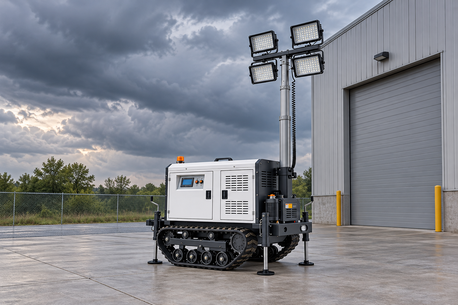 Reference-based white enclosure with original doors, vents and controls, black rubber crawler chassis, four square lamps in two rows, rear-right silver mast, coiled cable, auxiliary housing and four deployed stabilizer legs with circular feet in a empty equipment inspection bay beside a closed building after a storm, dry machine and no standing water.