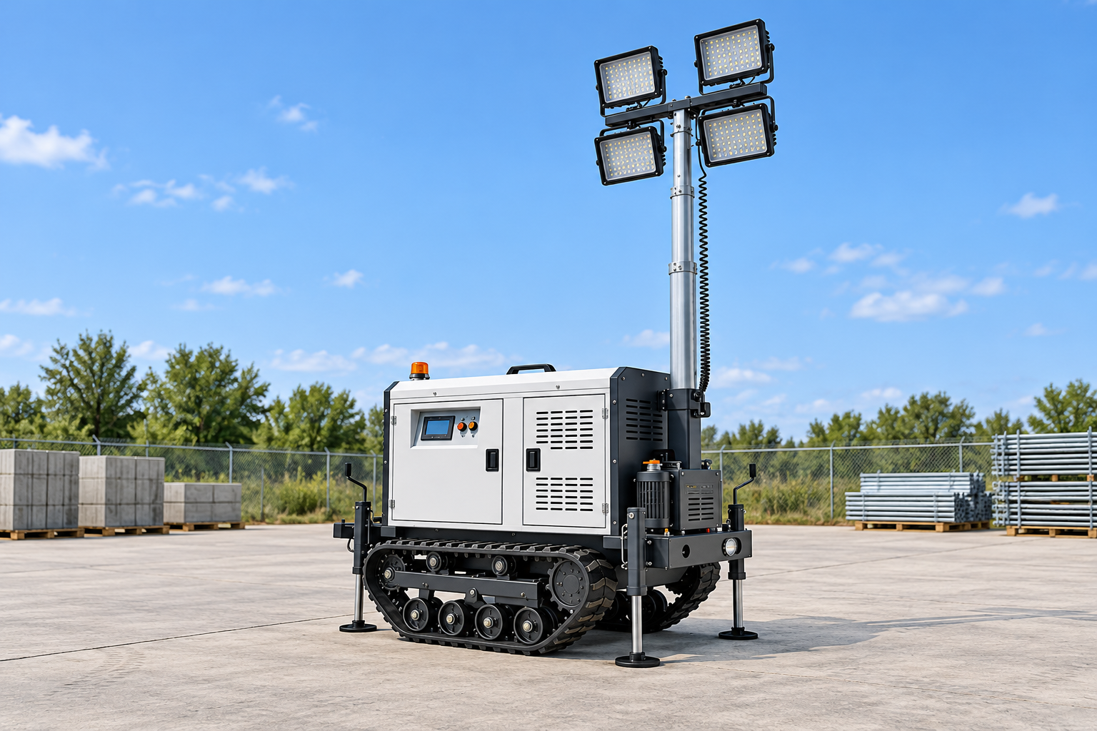 Reference-based white enclosure with original doors, vents and controls, black rubber crawler chassis, four square lamps in two rows, rear-right silver mast, coiled cable, auxiliary housing and four deployed stabilizer legs with circular feet in a dry level equipment assessment yard under blue sky, no lightning or storm.